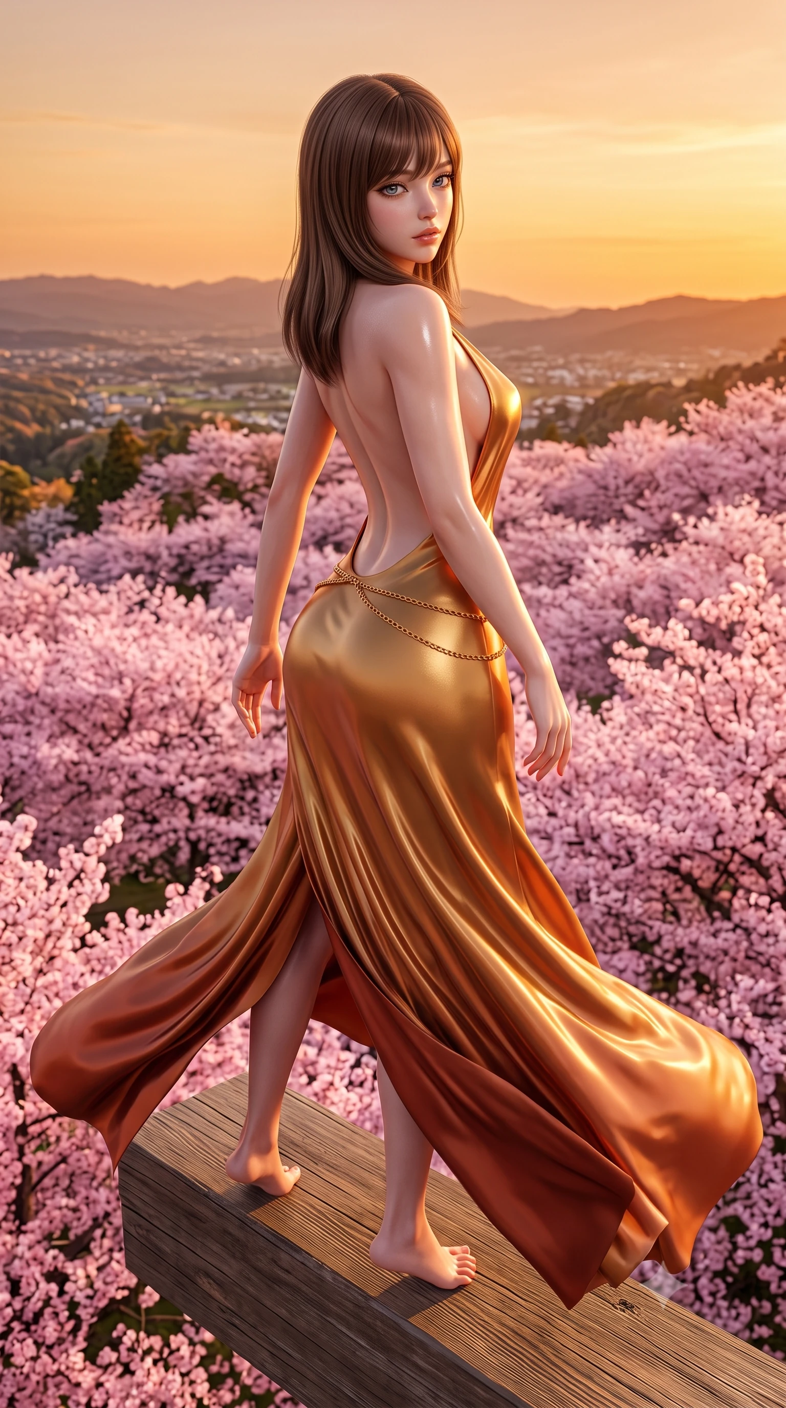 score_9, masterpiece, best quality, ultra-detailed, high-budget anime keyframe, semi-realistic 3D game render, editorial fashion photography, tasteful artistic composition, Korean woman. low angle full-body shot from head to toe showing her feet, filling the entire 9:16 vertical frame with her statuesque presence, stretching her vertical silhouette. executing an elegant mid-motion pivot turn as garments swirl around her slender limbs, glancing over her shoulder with an intoxicating bedroom-gaze while standing on the monumental 13-meter high cantilevered timber stage, arching her back as a vast sea of blooming pink cherry blossoms billows below. The surrounding environment is rendered in vivid detail and crisp panoramic clarity. detailed silk kimono or modern fusion gown weave, sunset sheen on skin, and Kyoto valley landscape in high clarity. She has an exceptionally tall and slender model-like 8.5-heads proportion, an ultra-slim waist, a flat toned midriff, narrow delicate ribcage, and beautifully sculpted feminine hips creating a graceful, slim hourglass silhouette without any bulky heaviness, with impossibly long slender legs. sharp v-shaped jawline, high-bridge nose, intricate jewel-like eyes with depth, thick eyelashes, glossy parted lips with a natural sheen, intensely captivating and seductive bedroom-eyes expression, flawlessly proportioned anatomical accuracy, strict slender model proportions, natural body alignment, perfectly sculpted long slender limbs, ultra-slim waistline, clean dynamic posture without body distortion. wearing an open-back duchess satin gala gown with a dramatic hip-hugging drape and cascading trailing hem in molten desert gold and burnt terracotta, tailored from second-skin aerodynamic stretch vinyl with specular wet sheen, accented with a delicate gold chain belt resting loosely on her curvy hips, the precision-cut side openings and low-back scoop framing her graceful spine and the sensual sweep of her slim, toned hips. illuminated by warm wooden deck bounce light sculpting her razor-sharp jawline, narrow waist, and curvy hips. highly saturated vibrant anime colors, detailed shading with soft gradients, rich glossy textures, high-contrast stereoscopic depth, volumetric dynamic lighting, master piece, 9:16 ratio