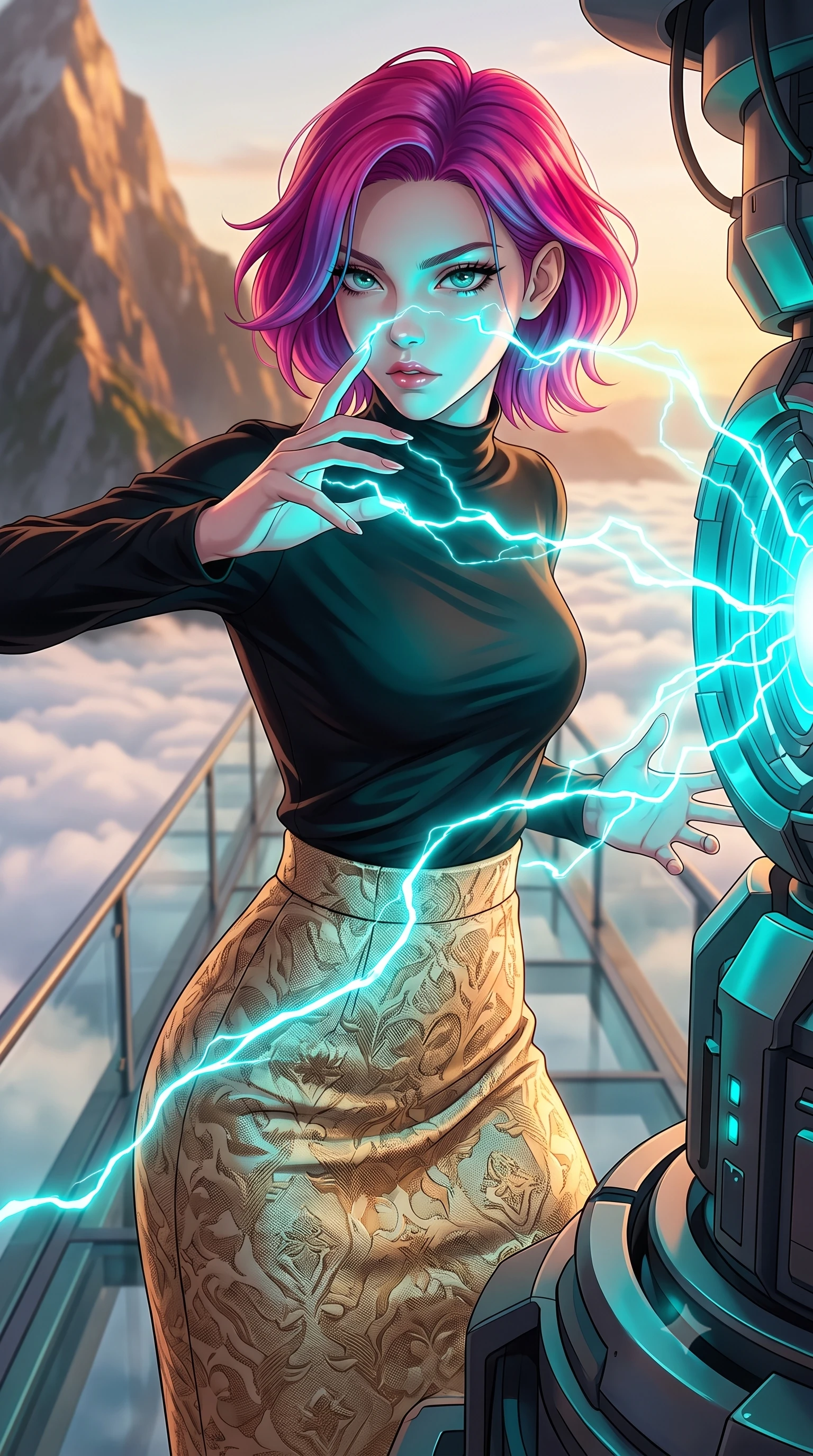 score_9, masterpiece, best quality, ultra-detailed, high-budget anime keyframe, editorial fashion photography, tasteful artistic composition, Caucasian woman, strictly human ears. close-up cowboy shot from the waist and thighs up, the character dominates the composition, filling the frame with her large presence, background elements kept in soft focus. Overloading the reactor core, her face illuminated by the bright cyan electrical energy arcing around her. set against a soft-focus background of a glass walkway extending out from a mountain peak tower, looking down on a sea of white clouds at sunrise. She has an exceptionally elegant and slender, willowy female figure with an ultra-slim waist, a gracefully sculpted slender torso, and a refined slim physique. sharp v-shaped jawline, high-bridge nose, intricate jewel-like eyes with depth, thick eyelashes, glossy lips with a natural sheen. wearing the lightweight fabric rippling and billowing dramatically with her movement, a tailored long-sleeve mock-turtleneck top in black, tucked into a high-waisted gold-and-beige jacquard pencil skirt. highly saturated vibrant anime colors, intense vivid color palette, soft 3D volumetric shading, volumetric dynamic lighting, warm amber rim lighting combined with cool teal fill light creating dramatic contrast. 2k, ultra detail, master piece, 9:16 ratio