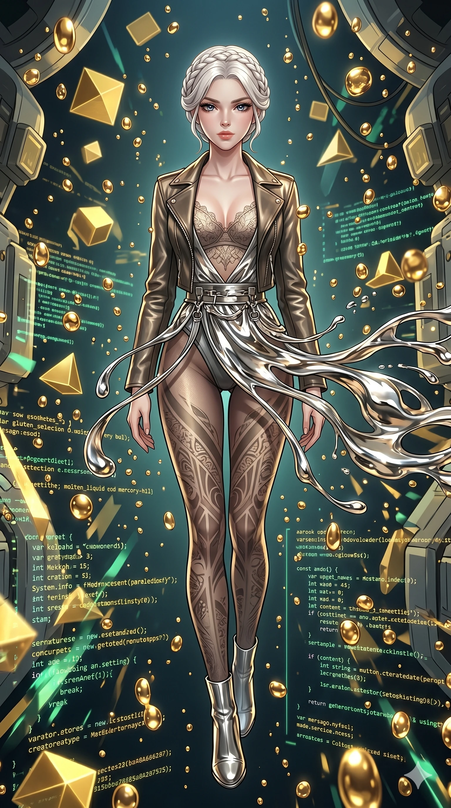 score_9, masterpiece, best quality, ultra-detailed, High-budget Anime Keyframe, vibrant colors, fluid line-art, expressive lighting, cinematic composition, Ufotable-style visual effects, top-tier animation quality, Korean woman with idol-like refined features. Dynamic full-body shot stretching the vertical silhouette, capturing her from a powerful low-angle perspective. Floating serenely in a zero-gravity chamber filled with suspended droplets of liquid gold that reflect the surrounding high-tech machinery. She has an absolutely perfect 8-heads proportion, an exceptionally tall and slender female figure with impossibly long slender legs and an ultra-slim waist, her statuesque height and towering silhouette dominating the vertical 9:16 frame. Her face is a masterpiece featuring a sharp v-shaped jawline, high-bridge nose, intricate jewel-like eyes with depth, thick eyelashes, and glossy lips with a natural sheen. She is wearing a stylishly unzipped leather jacket over a delicate lace top and a stylish belt harness crafted from Molten liquid mercury that flows and reflects the environment with metallic perfection, accompanied by patterned tights and metallic boots. The scene is set in an abstract digital void with floating golden geometric shapes and rivers of flowing code, illuminated by dynamic strobe effects that capture her movement in a series of sharp fragments. 2k, ultra detail, master piece, 9:16 ratio