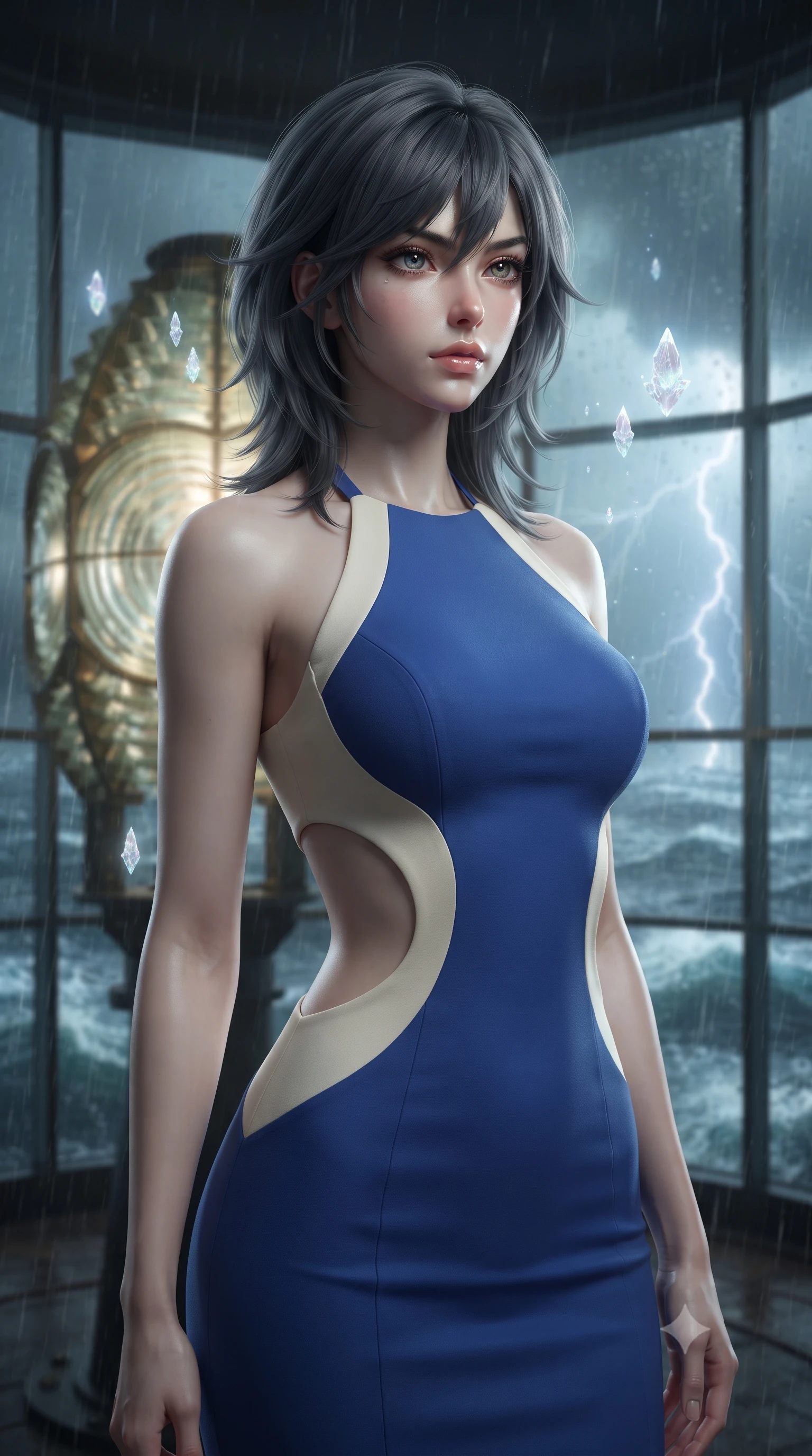 score_9, masterpiece, best quality, ultra-detailed, high-budget anime keyframe, editorial fashion photography, tasteful artistic composition, Caucasian woman, strictly human ears. close-up cowboy shot from the waist and thighs up, the character dominates the composition, filling the frame with her large presence, background elements kept in soft focus. Gazing past the camera with an air of effortless superiority. set against a soft-focus background of inside the glass lantern room at the top of a lighthouse during a fierce storm with the massive Fresnel lens rotating slowly rain streaming down every glass panel and lightning illuminating churning seas below. She has an exceptionally elegant and slender, willowy female figure with an ultra-slim waist, a gracefully sculpted slender torso, and a refined slim physique. sharp v-shaped jawline, high-bridge nose, intricate jewel-like eyes with depth, thick eyelashes, glossy lips with a natural sheen. wearing a structured halter-neck bodycon dress in two-tone cobalt blue and cream, with dramatic curved cutouts at the sides of the torso. ethereal pearlescent light emanating from floating crystalline formations all around. 2k, ultra detail, master piece, 9:16 ratio