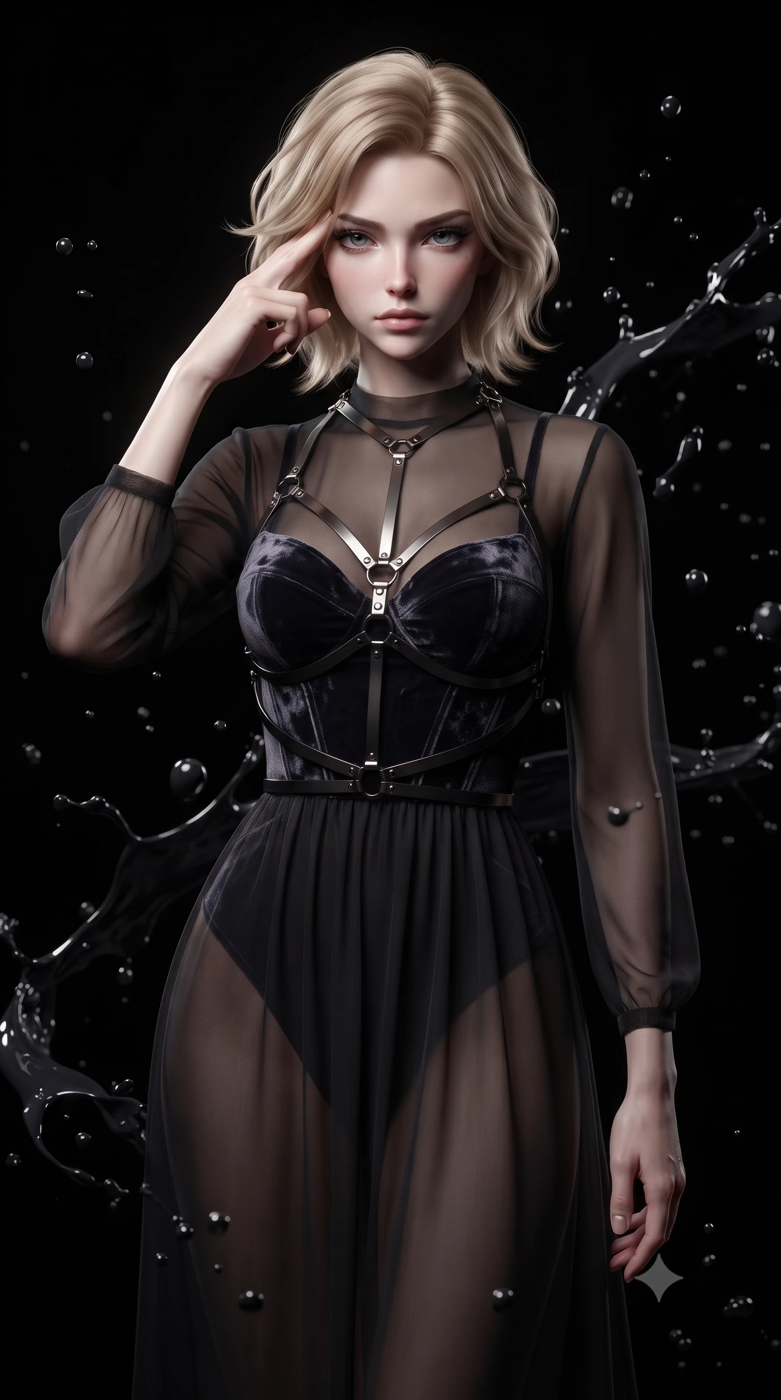 score_9, masterpiece, best quality, ultra-detailed, high-budget anime keyframe, editorial fashion photography, tasteful artistic composition, Caucasian woman. close-up cowboy shot from the waist and thighs up, the character dominates the composition, filling the frame with her large presence, background elements kept in soft focus. Pressing two fingers to her temple in a composed, sharp thoughtful gesture, inside a pitch-black art studio filled with suspended splashes of dark acrylic paint, high-gloss liquid acrylic droplets catching razor-sharp specular highlights. She has an exceptionally elegant, slender, and willowy female figure with an ultra-slim waist, a gracefully sculpted slender torso, and a refined silhouette. sharp v-shaped jawline, high-bridge nose, intricate jewel-like eyes with depth, thick eyelashes, glossy lips with a natural sheen. wearing semi-opaque sheer dark chiffon gown revealing structured bodice silhouette in metallic dark silver, made of crushed dark silk velvet, highlighted by a gunmetal metallic harness structure, highlighting her statuesque proportions and ultra-slim waistline. lit by single intense key ray accentuating liquid paint contours. ultra-reflective glossy finish, specular highlights, metallic sheen, high-contrast stereoscopic depth, volumetric dynamic lighting, 2k, ultra detail, master piece, 9:16 ratio