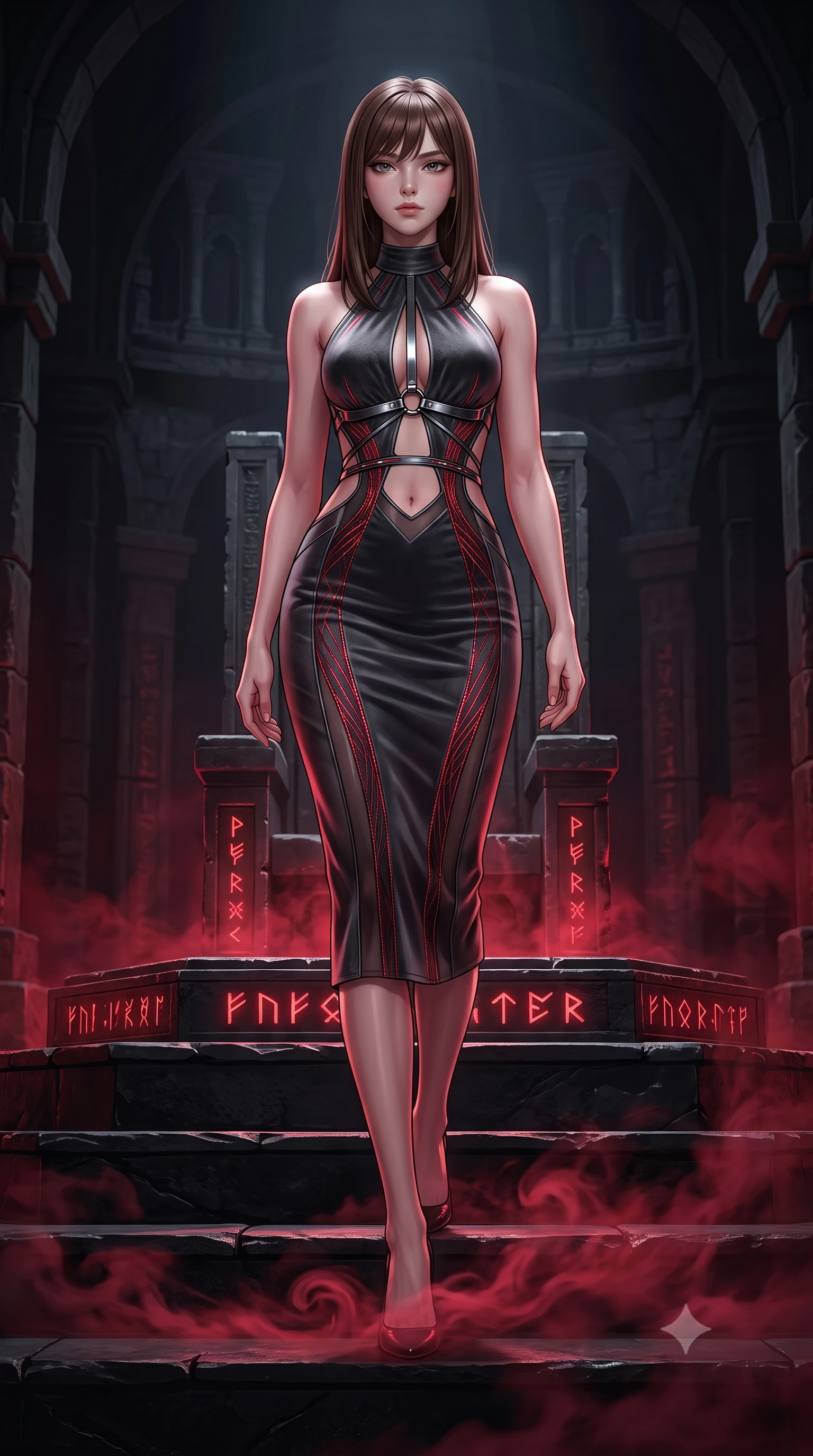 score_9, masterpiece, best quality, ultra-detailed, high-budget anime keyframe, semi-realistic 3D game render, editorial fashion photography, tasteful artistic composition, Korean woman. low angle full-body shot from head to toe showing her feet, filling the entire 9:16 vertical frame with her statuesque presence, stretching her vertical silhouette. striding forward in a proud, statuesque motion with a dangerous smolder, hips swaying with fierce allure, dominating the frame from head to toe while standing with sovereign authority atop black stone dais steps as swirling crimson mist coils around her slender ankles. The surrounding environment is rendered in vivid detail and crisp panoramic clarity. intense dark chiaroscuro and ancient subterranean throne architecture rendered with precision. She has an absolutely perfect, statuesque 8.5-heads proportion, an exceptionally tall and slender model-like female figure with impossibly long slender legs, a toned flat midriff, and an ultra-slim waist. sharp v-shaped jawline, high-bridge nose, intricate jewel-like eyes with depth, thick eyelashes, glossy lips with a natural sheen, flawlessly proportioned anatomical accuracy, strict slender model proportions, natural body alignment, perfectly sculpted long slender limbs, ultra-slim waistline, clean dynamic posture without body distortion. wearing a velvet halter-neck midi dress fitting her statuesque contour flawlessly with a Tasteful chest slit and open spine in smoky charcoal grey and glowing crimson filaments, tailored from semi-translucent dark cybernetic vinyl with subtle glowing micro-filaments, reinforced by a sleek metallic chrome harness and delicate dark glowing micro-straps, the precision-cut daring openings accentuating her delicate midriff, graceful bare collarbones, and ultra-slim feminine waistline. bathed in glowing crimson rune uplights and deep obsidian shadow contrast. rich saturated anime colors with deep moody shadows, detailed chiaroscuro shading with soft gradients, rich glossy textures, high-contrast stereoscopic depth, volumetric dynamic shadow lighting, master piece, 9:16 ratio