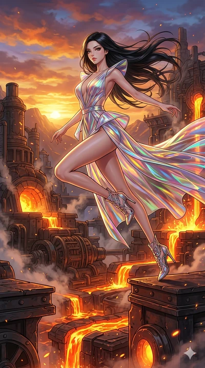 score_9, masterpiece, best quality, ultra-detailed, high-budget anime movie keyframe, cinematic anime lighting, intricate line art, Korean woman. Low angle cowboy shot filling the entire 9:16 frame with her statuesque presence. leaping gracefully in 