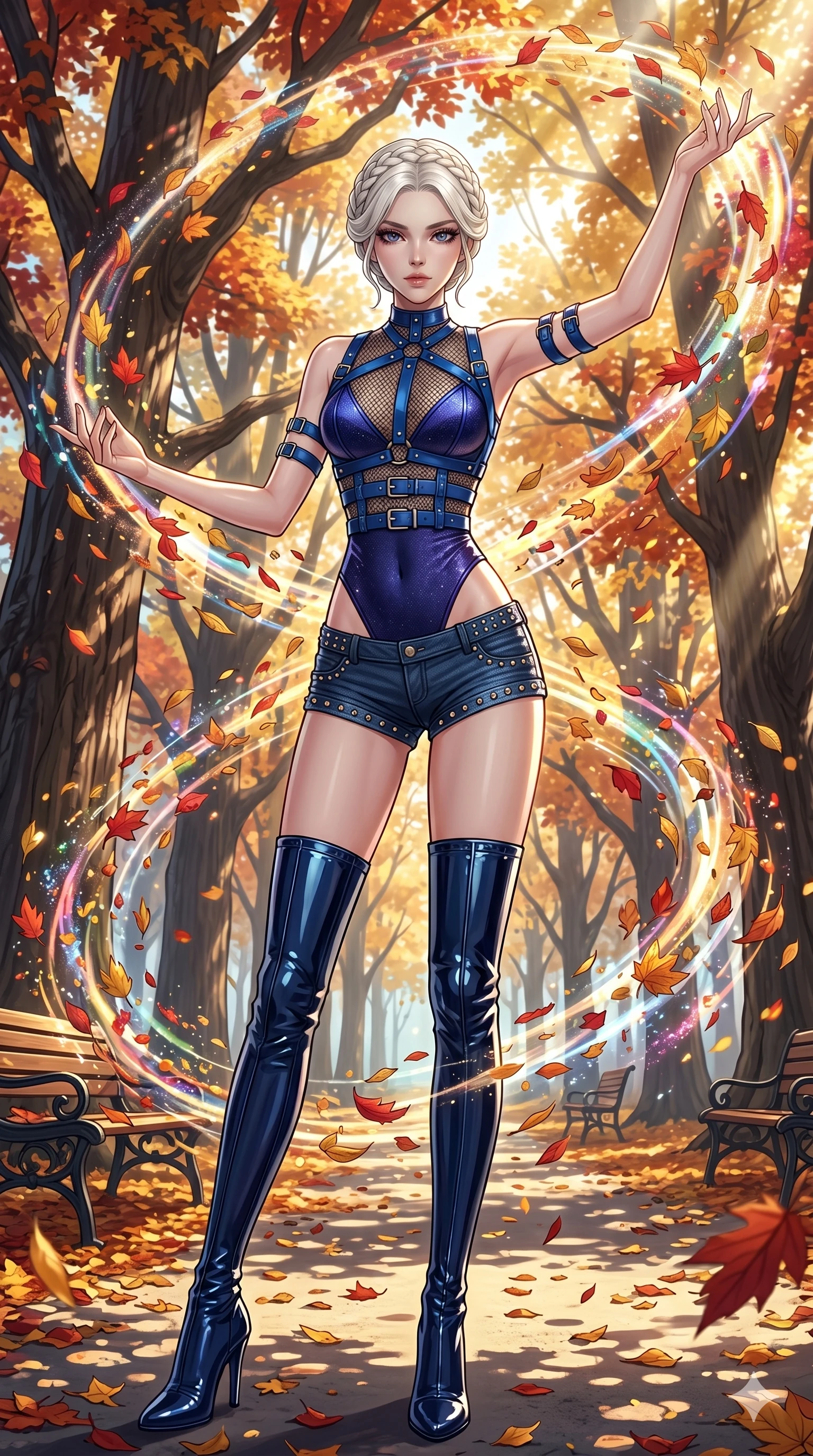 score_9, masterpiece, best quality, ultra-detailed, High-budget Anime Keyframe, beautiful Caucasian anime girl (strictly human ears). Dynamic full-body shot stretching the vertical silhouette with her statuesque presence. Summoning a whirlwind of colorful leaves in a quiet park filled with autumn trees. She has an absolutely perfect 8-heads proportion, an exceptionally tall and slender female figure with impossibly long slender legs and an ultra-slim waist. Sharp v-shaped jawline, high-bridge nose, intricate jewel-like eyes with depth, thick eyelashes, glossy lips with a natural sheen. Wearing a K-Idol Stage outfit: sapphire leather harness over mesh, high-cut bodysuit, studded micro-shorts, thigh-high patent boots. Background is a bright and colorful environment with cinematic lighting, dynamic particle effects, and high-contrast shadows. 2k, ultra detail, master piece, 9:16 ratio