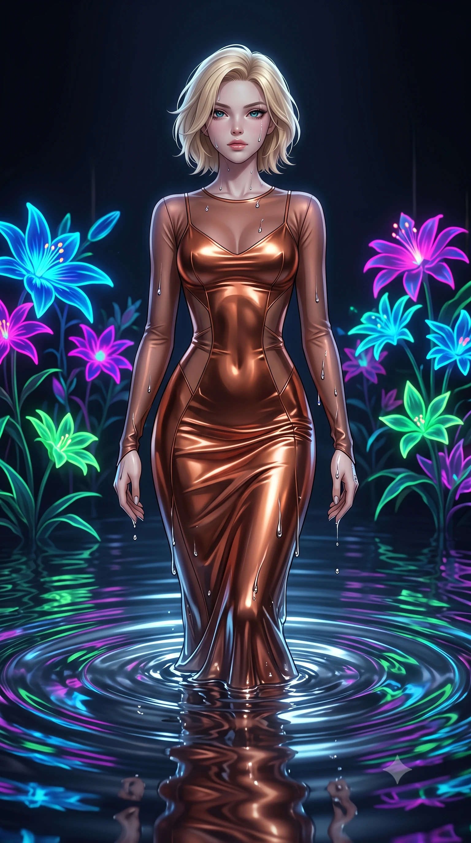 score_9, masterpiece, best quality, ultra-detailed, High-budget Anime Keyframe, Caucasian woman, strictly human ears. Low angle cowboy shot filling the entire 9:16 frame with her statuesque presence. Scenario 483: rising from a pool of mercury-like liquid, droplets rolling off her skin, in a virtual garden where neon flowers bloom in the dark. Her presence is magnetic and overpowering in this high-budget anime scene. Outfit 483: a form-contouring metallic copper liquid silk slip dress with sheer sleeves and opaque panels. The clothing is designed to emphasize her exceptionally tall and slender 8-heads proportion. 8-heads proportion, towering silhouette, ultra-slim waist. sharp v-shaped jawline, intricate jewel-like eyes with depth, thick eyelashes, glossy lips. 2k, ultra detail, master piece, 9:16 ratio