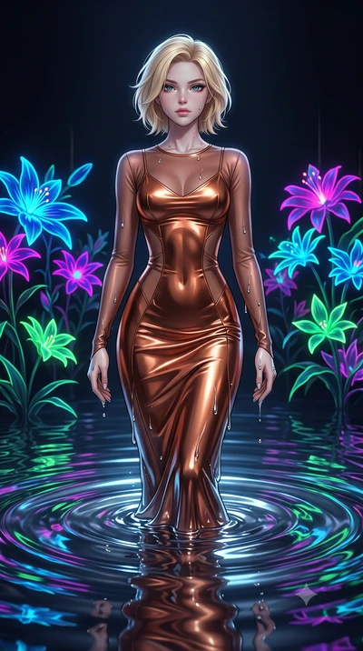 score_9, masterpiece, best quality, ultra-detailed, High-budget Anime Keyframe, Caucasian woman, strictly human ears. Low angle cowboy shot filling the entire 9:16 frame with her statuesque presence. Scenario 483: rising from a pool of mercury-like l