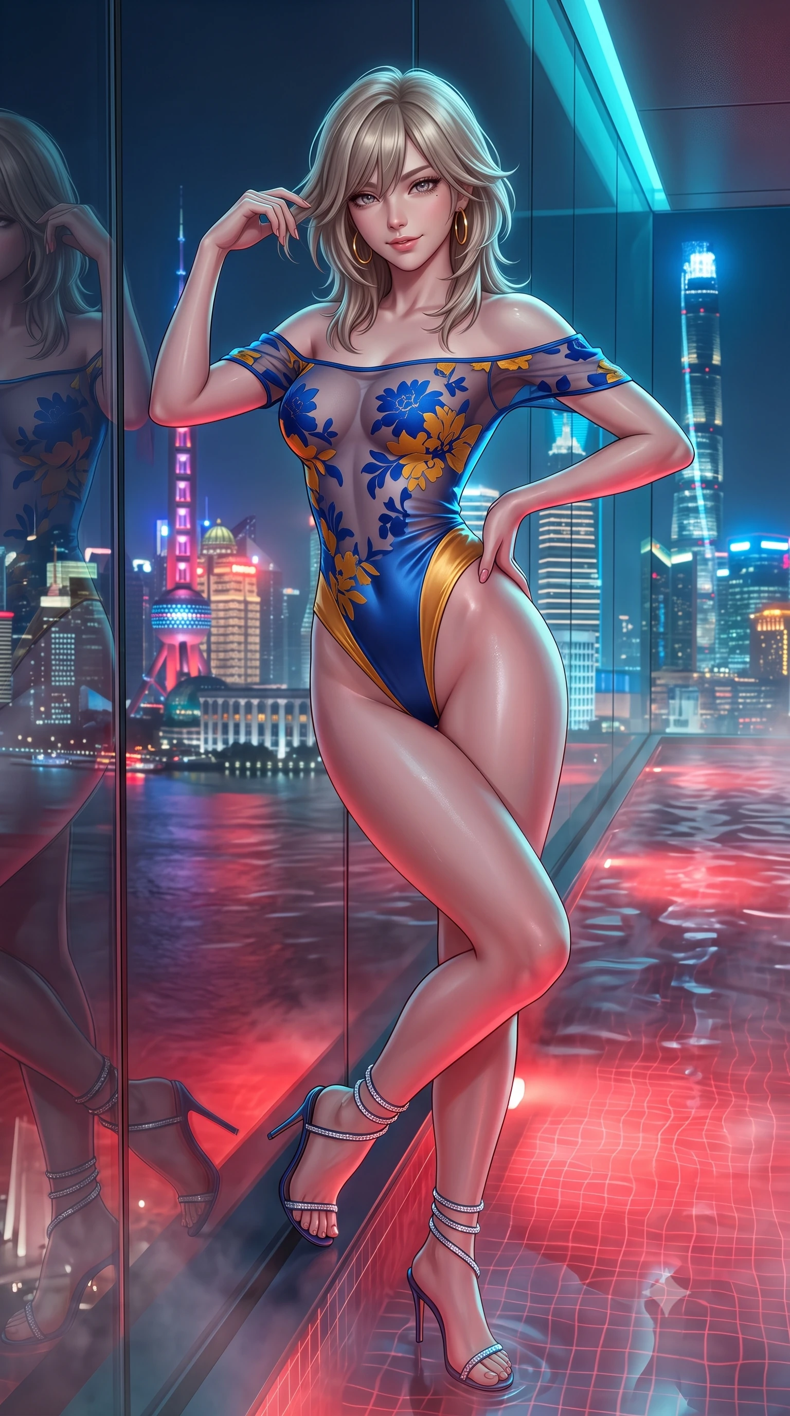 score_9, masterpiece, best quality, ultra-detailed, high-budget anime keyframe, semi-realistic 3D game render, editorial fashion photography, tasteful artistic composition, Japanese woman. close-up cowboy shot from the waist and thighs up, the character dominates the composition, filling the frame with her large presence. twisting her slender torso in an alluring contrapposto stance, one hand resting on her sculpted hip while her fingers toy with her hair with effortless poise while leaning against the infinity edge glass wall overlooking the Bund with hips cocked back, looking through rising mineral steam with an intoxicating bedroom-gaze. The surrounding environment is rendered in vivid detail and crisp panoramic clarity: detailed wet-look liquid vinyl bodysuit cling, gold hoop earrings shine, and high-altitude infinity pool craft in high resolution. She has an exceptionally elegant, slender, and willowy female figure with an ultra-slim waist, flat toned midriff, narrow ribcage, and sculpted feminine hips creating an alluring, slim hourglass silhouette without bulk. sharp v-shaped jawline, high-bridge nose, sparkling eyes with hypnotic seductive depth, thick curled eyelashes, glossy parted lips with a natural dewy peach sheen, alluring bedroom-eyes with an enchanting coquettish smile, exuding magnetic siren charisma and sophisticated glamour, flawlessly proportioned anatomical accuracy, strict slender model proportions, natural body alignment, perfectly sculpted long slender limbs, ultra-slim waistline, clean dynamic posture without body distortion. wearing an off-the-shoulder sheer-illusion mesh bodysuit with strategic floral flocking and high-cut leg openings in Marrakesh cobalt majorelle blue and saffron gold, crafted from fluid liquid silk satin that clings smoothly to every curve with a dewy sheen, complemented by strappy stiletto sandals with crystal ankle wraps accentuating her slender calves, the liquid-tight tailored fabric clinging flawlessly to her narrow waist and rounded feminine hips, emphasizing every millimeter of her sculpted slim hourglass curves without any bulky heaviness. bathed in warm underwater crimson pool illumination paired with cold neon cyan ambient skyline glow. highly saturated vibrant anime colors, detailed shading with soft gradients, rich glossy textures, high-contrast stereoscopic depth, volumetric dynamic lighting, master piece, 9:16 ratio