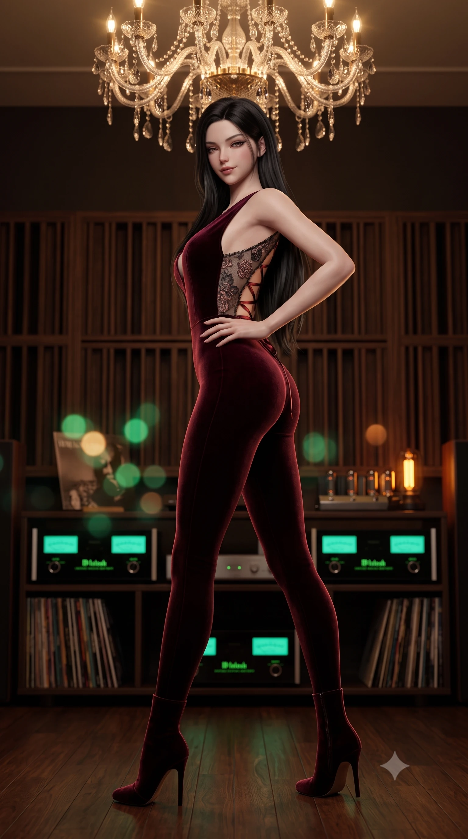 score_9, masterpiece, best quality, ultra-detailed, high-budget anime keyframe, semi-realistic 3D game render, editorial fashion photography, tasteful artistic composition, Korean woman. low angle full-body shot from head to toe showing her feet, filling the entire 9:16 vertical frame with her statuesque presence, stretching her vertical silhouette. pausing mid-stride beneath the grand chandelier with one hand resting on her narrow waist, her arched hips and statuesque 8.5-heads presence commanding the 9:16 vertical frame while twisting her slender torso in an alluring contrapposto stance near the dark walnut acoustic diffusers, her fitted fit tracing her hourglass curves. The composition keeps background elements in soft focus with dreamy creamy bokeh. glowing green McIntosh amplifier dials, rows of vintage vinyl record sleeves, and amber tube lights blurred into warm emerald, amber, and charcoal bokeh. She has an exceptionally tall and slender model-like 8.5-heads proportion, an ultra-slim waist, a flat toned midriff, narrow delicate ribcage, and beautifully sculpted feminine hips creating a graceful, slim hourglass silhouette without any bulky heaviness, with impossibly long slender legs. sharp v-shaped jawline, high-bridge nose, intricate jewel-like dark sparkling eyes with dangerous depth, thick curled eyelashes, glossy parted lips with a rich wine sheen, smoldering seductive half-smile with bedroom-eyes, exuding effortless superiority and intoxicating dark allure, flawlessly proportioned anatomical accuracy, strict slender model proportions, natural body alignment, perfectly sculpted long slender limbs, ultra-slim waistline, clean dynamic posture without body distortion. wearing a second-skin dark burgundy stretch-velvet jumpsuit with a plunging neckline and open back in smoky charcoal slate and molten rose gold, crafted from sheer delicate Chantilly lace with intricate gothic floral motifs, featuring a dramatic criss-cross satin back lacing tracing her slender spine, the form-contouring cut accentuating her sculpted flat midriff, narrow delicate ribcage, and gracefully curvy hips with sovereign high-fashion precision. bathed in moody warm tube amplifier amber glow and dark walnut ambient bounce. highly saturated vibrant anime colors, detailed shading with soft gradients, rich glossy textures, high-contrast stereoscopic depth, volumetric dynamic lighting, master piece, 9:16 ratio