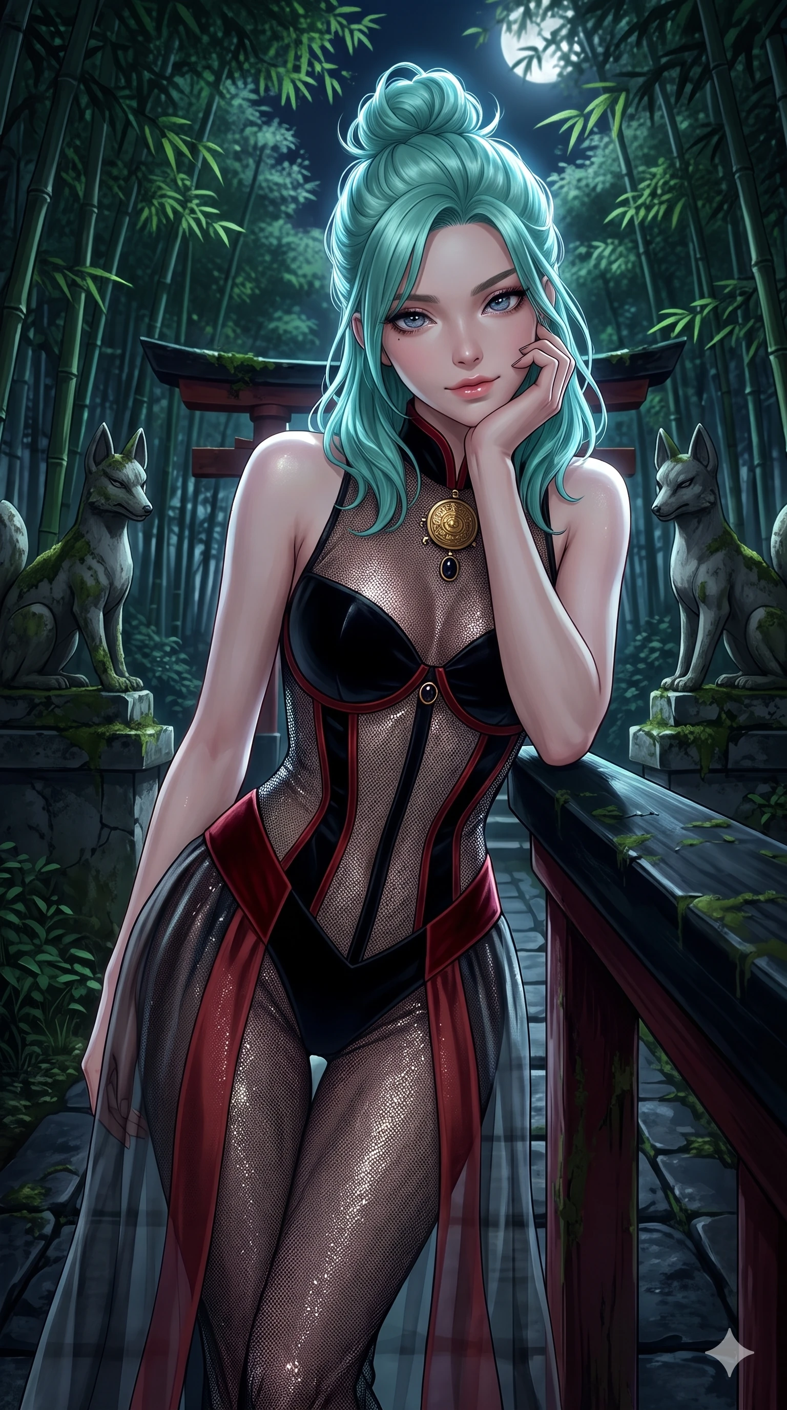 score_9, masterpiece, best quality, ultra-detailed, high-budget anime keyframe, semi-realistic 3D game render, editorial fashion photography, tasteful artistic composition, Japanese woman. close-up cowboy shot from the waist and thighs up, the character dominates the composition, filling the frame with her large presence. resting one elbow on the lacquered balustrade and supporting her chin, leaning close to the camera with heavy-lidded sparkling eyes and parted lips while standing poised between weathered stone kitsune statues along the dark bamboo path, arching her back with breathless siren allure. The surrounding environment is rendered in vivid detail and crisp panoramic clarity: detailed liquid-tight silk halter leotard tailoring, sheer nobang overskirt, and traditional shrine stonework in razor-sharp precision. She has an exceptionally elegant, slender, and willowy female figure with an ultra-slim waist, flat toned midriff, narrow ribcage, and sculpted feminine hips creating an alluring, slim hourglass silhouette without bulk. sharp v-shaped jawline, high-bridge nose, sparkling eyes with hypnotic seductive depth, thick curled eyelashes, glossy parted lips with a natural dewy peach sheen, alluring bedroom-eyes with an enchanting coquettish smile, exuding magnetic siren charisma and sophisticated glamour, flawlessly proportioned anatomical accuracy, strict slender model proportions, natural body alignment, perfectly sculpted long slender limbs, ultra-slim waistline, clean dynamic posture without body distortion. wearing a sheer-illusion mesh corset gown with strategic opaque velvet hanbok panels framing her waist and hips in midnight obsidian black and rich cinnabar red, crafted from stretch micro-mesh with metallic foil coating that shimmers in the moonlight, accented with an authentic engraved gold medallion and obsidian cabochons, the form-fitting cut adhering flawlessly to her sculpted flat midriff and slender torso, emphasizing her long leg lines and perfectly proportioned willowy build. bathed in crisp silver moonlight filtering down through dense bamboo canopies creating intricate linear shadows. highly saturated vibrant anime colors, detailed shading with soft gradients, rich glossy textures, high-contrast stereoscopic depth, volumetric dynamic lighting, master piece, 9:16 ratio