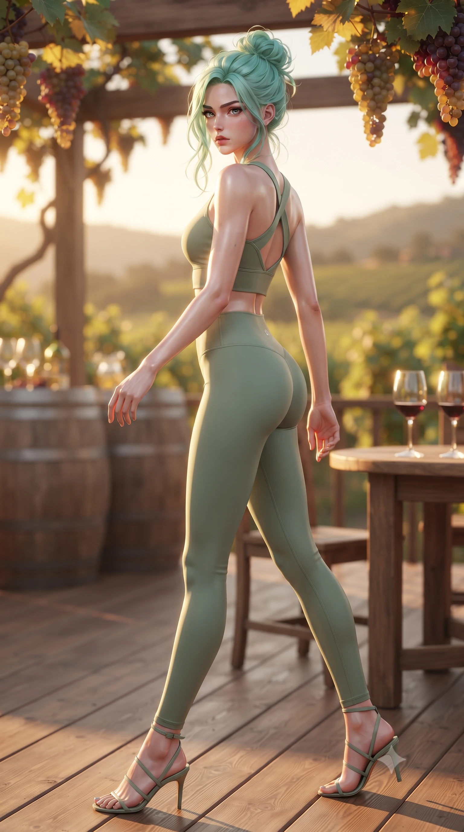 score_9, masterpiece, best quality, ultra-detailed, high-budget anime keyframe, editorial fashion photography, tasteful artistic composition, Japanese woman woman. low angle full-body shot from head to toe showing her feet, filling the entire 9:16 vertical frame with her statuesque presence, stretching her vertical silhouette. stepping gracefully while looking back over her shoulder, her dress draped tightly to reveal her silhouette the background shows a soft-focus a wooden terrace of a vineyard winery, with wooden barrels and grapevines in soft focus. She has an absolutely perfect, statuesque 8.5-heads proportion, an exceptionally tall and slender model-like female figure with impossibly long slender legs and an ultra-slim waist. sharp v-shaped jawline, high-bridge nose, intricate jewel-like eyes with depth, thick eyelashes, glossy lips with a natural sheen. wearing a slim-fit form-fitting activewear set of a tailored cross-back crop top and matching tight leggings in sage green. warm golden hour light tracing the grapevines and wine glasses in a golden rim light. ultra-reflective glossy finish, specular highlights, metallic sheen, high-contrast stereoscopic depth, volumetric dynamic lighting, 2k, ultra detail, master piece, 9:16 ratio