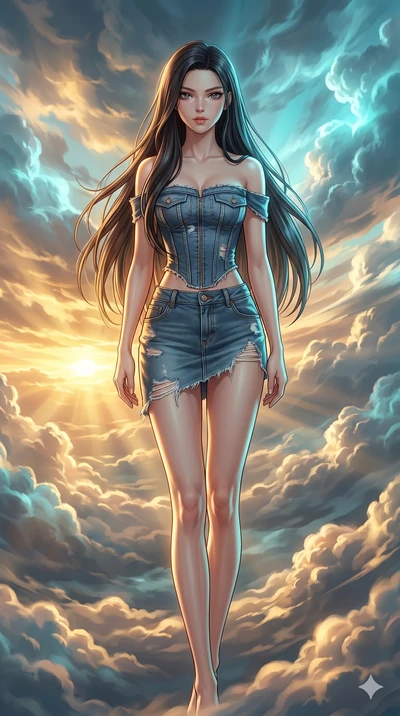 score_9, masterpiece, best quality, ultra-detailed, high-budget anime keyframe, Japanese woman. low angle full-body shot filling the entire 9:16 frame with her statuesque presence, stretching the vertical silhouette. threading through a volumetric cl