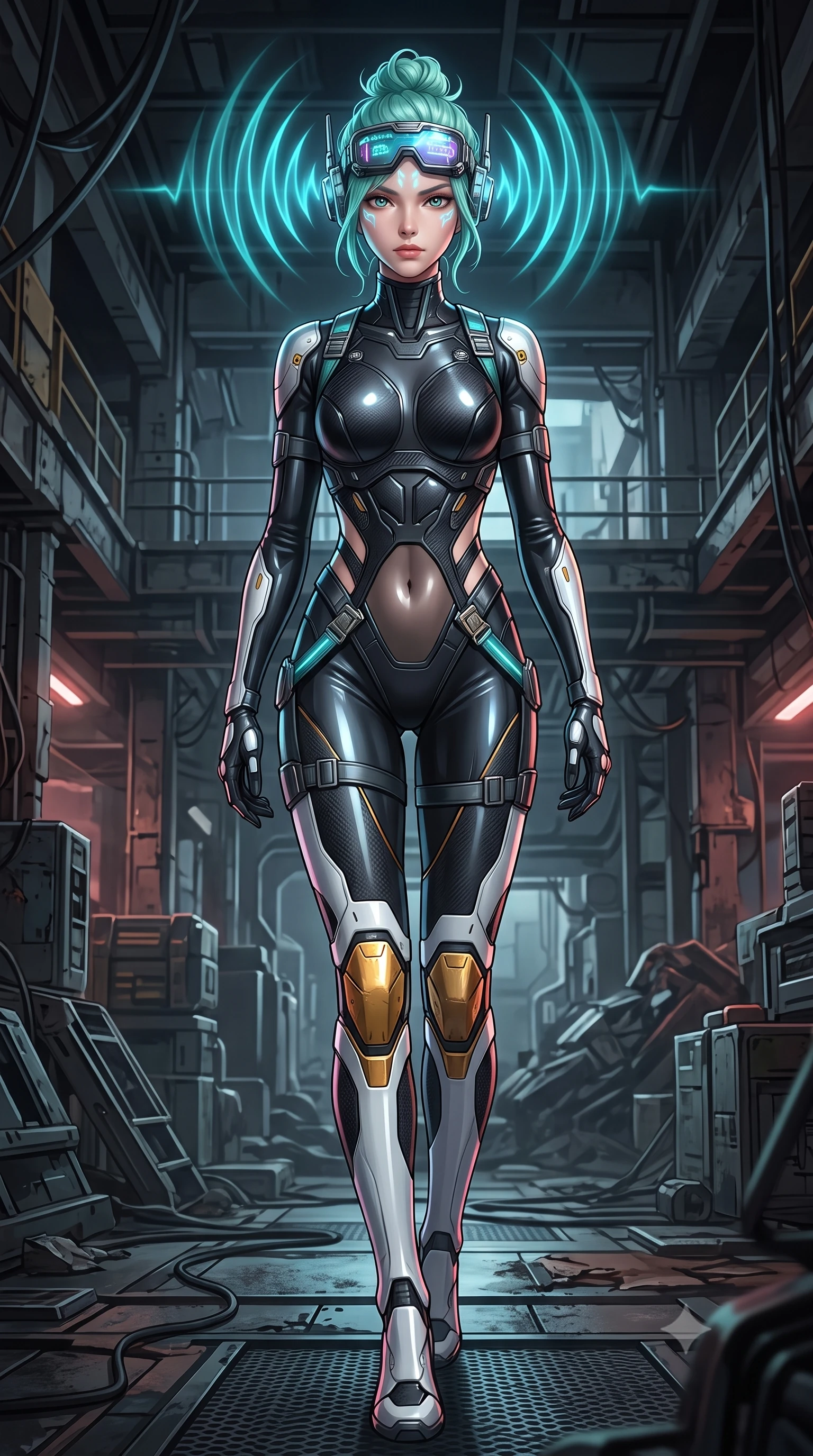 score_9, masterpiece, best quality, ultra-detailed, high-budget anime keyframe, semi-realistic 3D game render, editorial fashion photography, tasteful artistic composition, Japanese woman. low angle full-body shot from head to toe showing her feet, filling the entire 9:16 vertical frame with her statuesque presence, stretching her vertical silhouette. striding forward with sovereign warrior elegance in a low, predatory combat advance through the ruins, hips swaying with fierce athletic poise while pivoting dynamically as her cybernetic ear-sensor crown pulses with rhythmic cyan sonar waves that ripple through the gloom. The surrounding environment is rendered in vivid detail and crisp panoramic clarity. high-contrast industrial chiaroscuro and gritty cyberpunk scrapheap aesthetics captured with sharpness. She has an absolutely perfect, statuesque 8.5-heads proportion, an exceptionally tall and slender model-like female figure with impossibly long slender legs, a toned flat midriff, and an ultra-slim waist. sharp v-shaped jawline, high-bridge nose, intricate jewel-like eyes with depth, thick eyelashes, glossy lips with a natural sheen, fierce and resolute heroine expression, flawlessly proportioned anatomical accuracy, strict slender model proportions, natural body alignment, perfectly sculpted long slender limbs, ultra-slim waistline, clean dynamic posture without body distortion. wearing high-tech holographic tactical goggles resting tipped up on her forehead, casting glowing neon runes across her brow without obscuring her features, paired with a form-contouring high-mobility battle-suit featuring sculpted carbon chest plating, diagonal midriff ventilation cutouts, and kinetic knee vambraces in arctic white carbon composite with scratched solar gold armor plating, formed from high-gloss patent carbon-plating with specular dystopian chiaroscuro reflections, reinforced by a heavy-duty titanium tactical harness and glowing micro-energy status straps, the liquid-tight tailored fabric emphasizing every curve of her tall, slender model proportions and sculptured silhouette during dynamic movement. illuminated by crisp specular highlights tracing her sculpted flat midriff, bare spine, and slender limbs. rich saturated anime colors with glowing neon highlights, detailed shading with soft gradients, rich glossy textures, high-contrast stereoscopic depth, volumetric dynamic lighting, master piece, 9:16 ratio