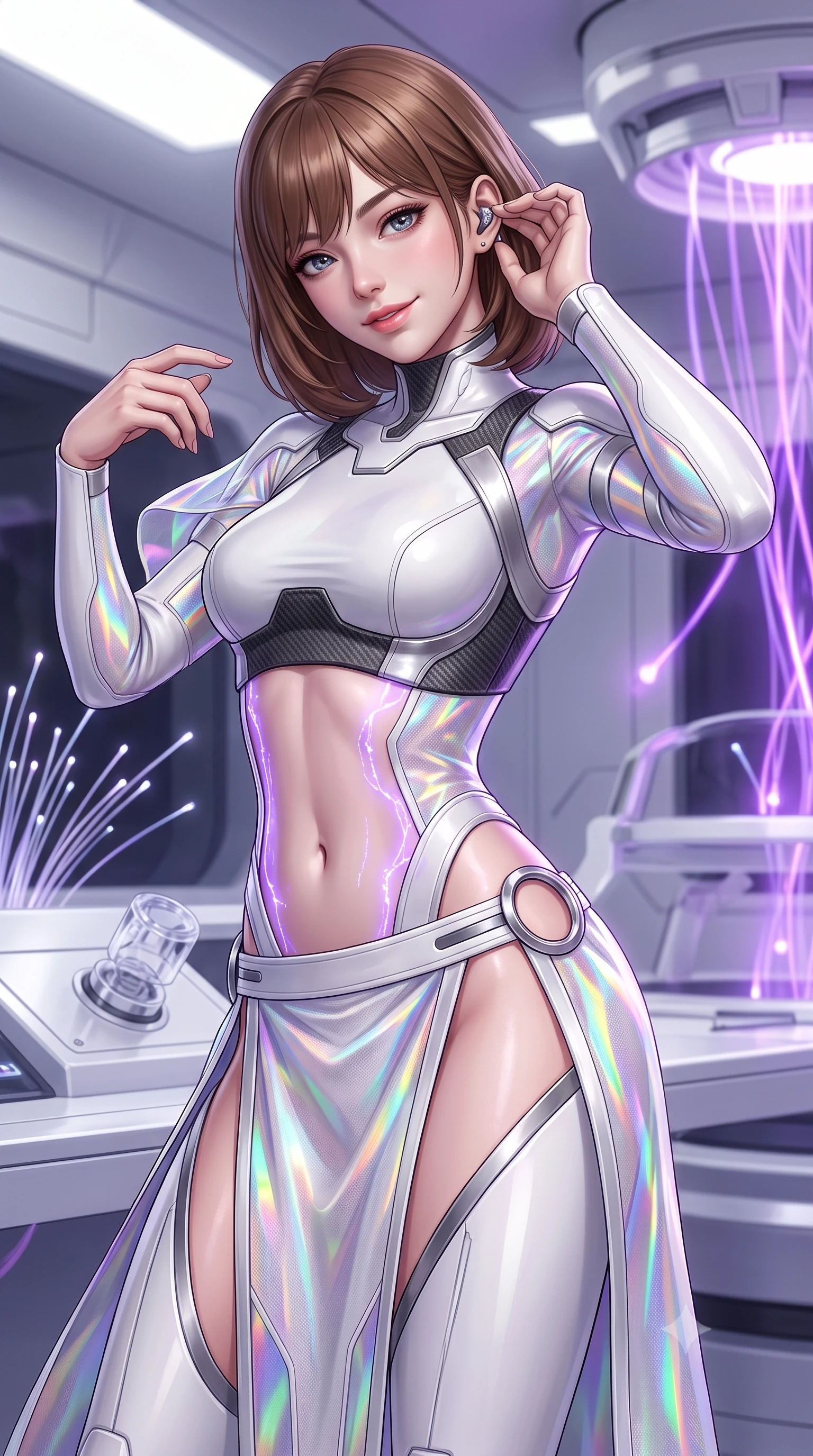 score_9, masterpiece, best quality, ultra-detailed, high-budget anime keyframe, semi-realistic 3D game render, editorial fashion photography, tasteful artistic composition, Caucasian woman. close-up cowboy shot from the waist and thighs up, the character dominates the composition, filling the frame with her large presence. tilting her head with a captivating smile while arching her spine with dancer poise, one hand adjusting her ear comm-link in a flirtatious S-curve while twisting her slender torso in an alluring S-curve, pulsing synaptic data pulses illuminating her flat midriff and rounded feminine hips. The surrounding environment is rendered in vivid detail and crisp panoramic clarity: sharp fiber-optic light tips, brushed white composite surfaces, and neural port hardware clarity in deep focus. She has an exceptionally elegant, slender, and willowy female figure with an ultra-slim waist, flat toned midriff, narrow ribcage, and sculpted feminine hips creating an alluring, slim hourglass silhouette without bulk. sharp v-shaped jawline, high-bridge nose, intricate jewel-like sparkling eyes with depth, thick eyelashes, glossy parted lips with a natural sheen, bright confident smile with an enchanting and coquettish sensual glint, exuding both youthful magnetic charm and sovereign high-tech allure, flawlessly proportioned anatomical accuracy, strict slender model proportions, natural body alignment, perfectly sculpted long slender limbs, ultra-slim waistline, clean dynamic posture without body distortion. wearing a cyber-samurai tactical suit featuring a shortened carbon chestplate and high-slit armored wrap skirt in pure alabaster white and brushed silver accents, woven from layered gossamer holographic organza casting chromatic prism reflections, finished with sharp laser-cut side ventilation slits framed by silver hardware rings, the precision-cut side openings and low-back scoop framing her graceful spine and the sensual sweep of her slim, toned hips. bathed in soft diffuse white laboratory light and vibrant violet neural fiber glows. highly saturated vibrant anime colors, detailed shading with soft gradients, rich glossy textures, high-contrast stereoscopic depth, volumetric dynamic lighting, master piece, 9:16 ratio