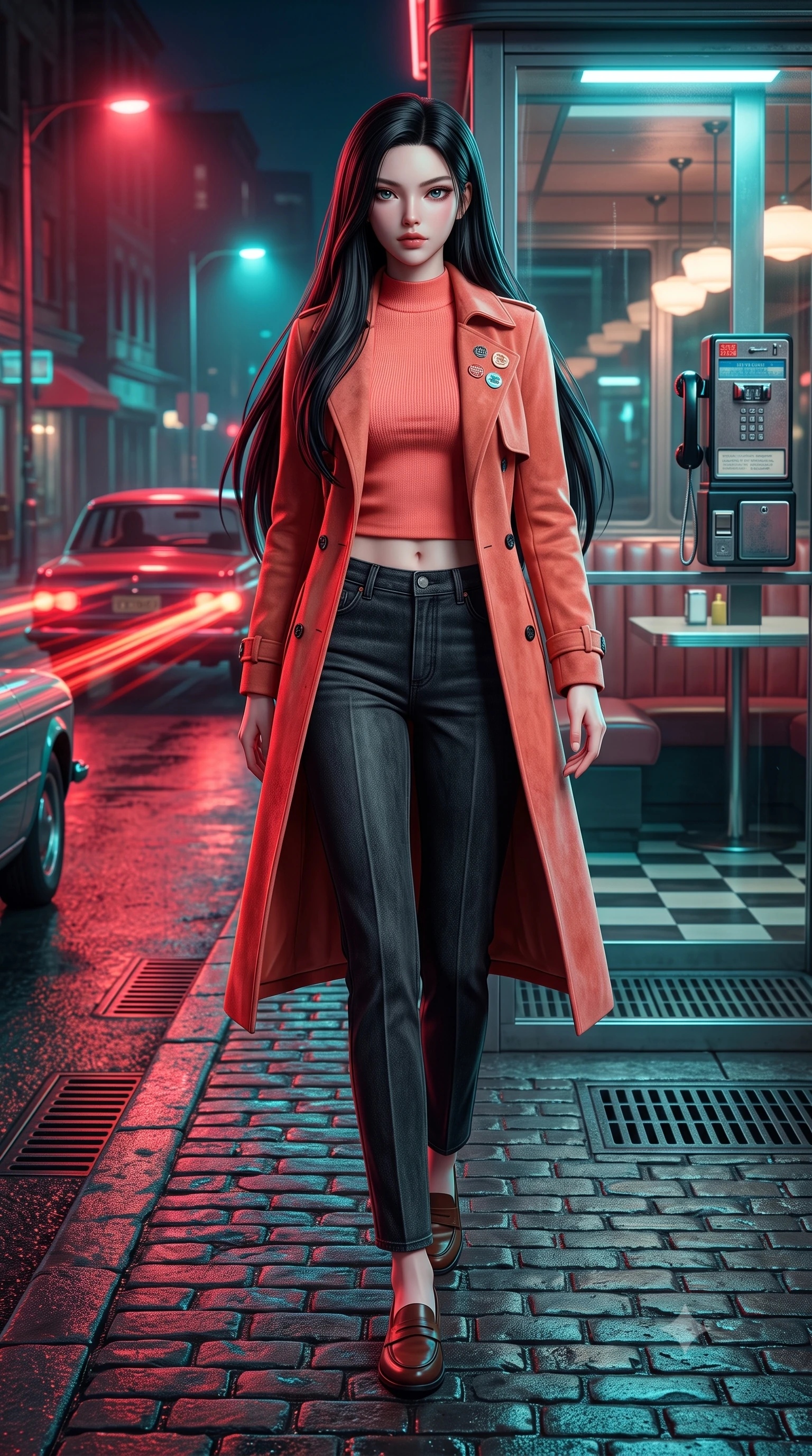 score_9, masterpiece, best quality, ultra-detailed, high-budget anime keyframe, semi-realistic 3D game render, editorial fashion photography, tasteful artistic composition, Korean woman. low angle full-body shot from head to toe showing her feet, filling the entire 9:16 vertical frame with her statuesque presence, stretching her vertical silhouette. landing lightly on the balls of her feet in a balanced kinetic stance, eyes locked onto the camera with fearless allure while walking dynamically down the wet cobblestone street as red taillights of vintage cars leave cinematic light streaks. The surrounding environment is rendered in vivid detail and crisp panoramic clarity. detailed vintage diner booth interiors visible through glass, telephone coin slots, and drain grates in high clarity. She has an absolutely perfect, statuesque 8.5-heads proportion, an exceptionally tall and slender model-like female figure with impossibly long slender legs, a toned flat midriff, and an ultra-slim waist. sharp v-shaped jawline, high-bridge nose, intricate jewel-like eyes with depth, thick eyelashes, glossy lips with a natural sheen, captivating and magnetic expression, flawlessly proportioned anatomical accuracy, strict slender model proportions, natural body alignment, perfectly sculpted long slender limbs, ultra-slim waistline, clean dynamic posture without body distortion. wearing a stylish retro suede trench coat over a fitted mock-neck knit top and high-waist tailored slacks in retro neon coral and washed black denim, crafted from ultra-soft brushed fleece and vintage-washed jersey, finished with retro enamel varsity pins and classic leather loafers, the precision-cut daring openings accentuating her delicate midriff, graceful bare collarbones, and ultra-slim feminine waistline. bathed in rich neon red and cyan streetlamp glow bouncing off wet asphalt surfaces. highly saturated vibrant anime colors, detailed shading with soft gradients, rich glossy textures, high-contrast stereoscopic depth, volumetric dynamic lighting, master piece, 9:16 ratio