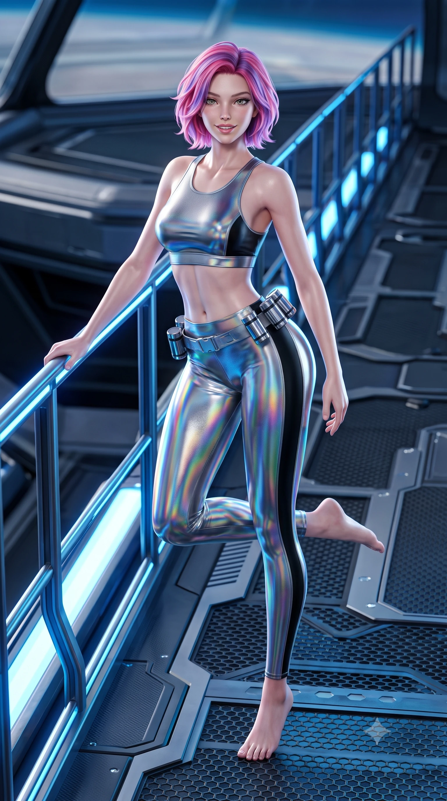 score_9, masterpiece, best quality, ultra-detailed, high-budget anime keyframe, semi-realistic 3D game render, editorial fashion photography, tasteful artistic composition, Caucasian woman. low angle full-body shot from head to toe showing her feet, filling the entire 9:16 vertical frame with her statuesque presence, stretching her vertical silhouette. standing in a tall, confident posture with one hand on a glowing metal railing, stretching her statuesque body as she arches her lower back to emphasize her sculpted feminine hips and slender waist while kneeling lightly on one knee in an alert, seductive pose, her aerodynamic stealth suit clinging to her athletic curves with supermodel precision. The surrounding environment is rendered in vivid detail and crisp panoramic clarity: sharp matte carbon-nanotube deck coating texture, cloaking emitter hexagonal micro-patterns, and weapon holster clasps in deep focus. She has an absolutely perfect, statuesque 8.5-heads proportion, an exceptionally tall and slender model-like female figure with impossibly long slender legs, an ultra-slim waist, a flat toned midriff, narrow delicate ribcage, and beautifully sculpted feminine hips creating a graceful, slim hourglass silhouette without any bulky heaviness. sharp v-shaped jawline, high-bridge nose, intricate jewel-like sparkling eyes with depth, thick eyelashes, glossy parted lips with a natural sheen, bright confident smile with an enchanting and coquettish sensual glint, exuding both youthful magnetic charm and sovereign high-tech allure, flawlessly proportioned anatomical accuracy, strict slender model proportions, natural body alignment, perfectly sculpted long slender limbs, ultra-slim waistline, clean dynamic posture without body distortion. wearing a tactical racerback athletic crop top paired with skin-tight high-waisted holographic combat leggings in liquid chrome silver and pitch black, woven from layered gossamer holographic organza casting chromatic prism reflections, accented with a sleek utility belt with polished magnetic canisters resting loosely on her curvy hips, the form-fitting tactical tailoring adhering flawlessly to her sculpted flat midriff and slender torso, emphasizing her long leg lines and perfectly proportioned willowy build. illuminated by active-camouflage iridescent shimmers and sharp silver rim lights sculpting her razor-sharp jawline, narrow waist, and curvy hips. highly saturated vibrant anime colors, detailed shading with soft gradients, rich glossy textures, high-contrast stereoscopic depth, volumetric dynamic lighting, master piece, 9:16 ratio