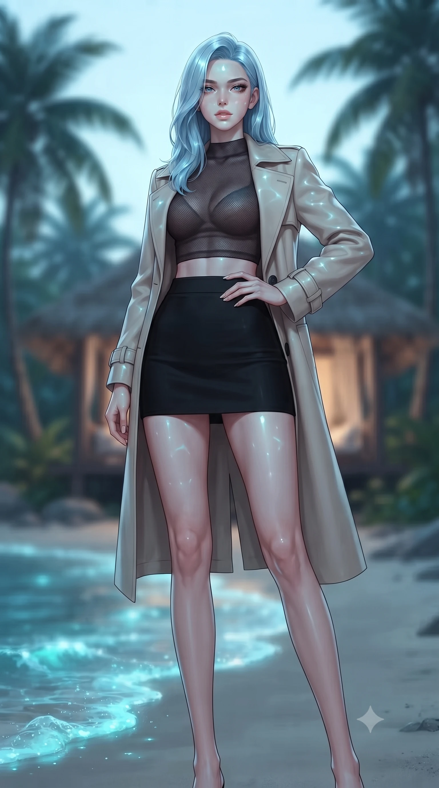 score_9, masterpiece, best quality, ultra-detailed, high-budget anime keyframe, editorial fashion photography, tasteful artistic composition, Korean woman. low angle full-body shot from head to toe showing her feet, filling the entire 9:16 vertical frame with her statuesque presence, stretching her vertical silhouette. posing confidently with one hand on her hip, stretching her statuesque body to emphasize her curves the background shows a soft-focus a secluded coastal cabana surrounded by palm trees and bioluminescent sea foam. She has an absolutely perfect, statuesque 8.5-heads proportion, an exceptionally tall and slender model-like female figure with impossibly long slender legs and an ultra-slim waist. sharp v-shaped jawline, high-bridge nose, intricate jewel-like eyes with depth, thick eyelashes, glossy lips with a natural sheen. wearing a body-hugging semi-opaque dark mesh crop top paired with a mini skirt, layered with a tailored light trench coat. shifting turquoise light reflections from the water surface mapping across her features. ultra-reflective glossy finish, specular highlights, metallic sheen, high-contrast stereoscopic depth, volumetric dynamic lighting, 2k, ultra detail, master piece, 9:16 ratio