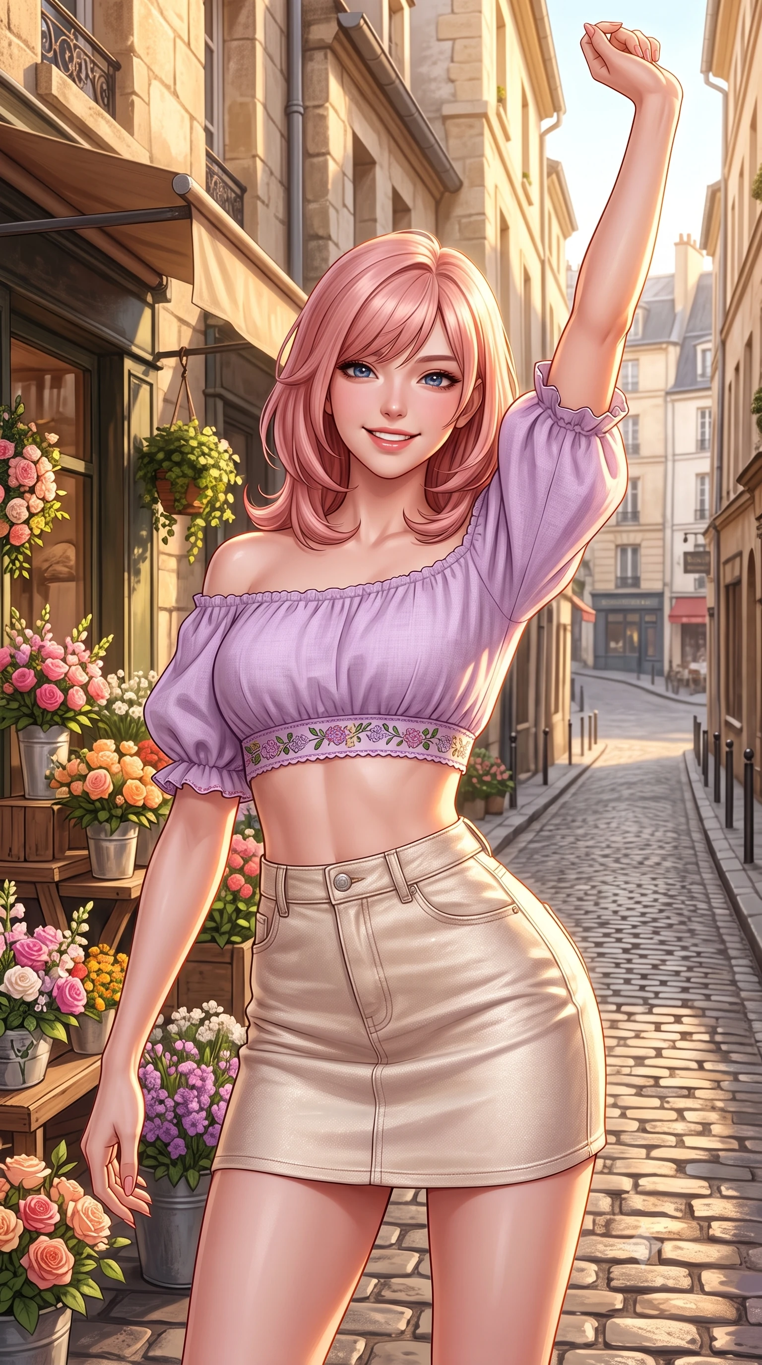 score_9, masterpiece, best quality, ultra-detailed, high-budget anime keyframe, semi-realistic 3D game render, editorial fashion photography, tasteful artistic composition, Japanese woman. close-up cowboy shot from the waist and thighs up, the character dominates the composition, filling the frame with her large presence. playfully stretching one arm overhead toward the sun, her radiant smile capturing fresh girlhood charm while her arched torso reveals an intoxicating hip contour while pausing beside an outdoor Parisian-style flower stall on the sloping cobblestone alley, arching her back with a bright, charming smile. The surrounding environment is rendered in vivid detail and crisp panoramic clarity. detailed fabric drape, golden sunlight glints on skin, and Hannam alleyway clarity in high resolution. She has an exceptionally elegant, slender, and willowy female figure with an ultra-slim waist, flat toned midriff, narrow ribcage, and sculpted feminine hips creating an alluring, slim hourglass silhouette without bulk. sharp v-shaped jawline, high-bridge nose, intricate jewel-like sparkling eyes with depth, thick eyelashes, glossy parted lips with a natural peach sheen, bright cheerful beaming smile with an enchanting and coquettish sensual glint, exuding both youthful cute charm and seductive allure, flawlessly proportioned anatomical accuracy, strict slender model proportions, natural body alignment, perfectly sculpted long slender limbs, ultra-slim waistline, clean dynamic posture without body distortion. wearing an off-shoulder puff-sleeve crop blouse with a tight high-waisted denim A-line mini skirt emphasizing her curvy hips in soft lilac and champagne shimmer, crafted from soft breathable linen with effortless natural drape, complemented by delicate embroidered floral trim along the hem, the high-waisted tailoring accentuating her ultra-slim waistline and the enchanting curve of her feminine hips with alluring charm. bathed in glorious golden hour afternoon sunlight reflecting off warm stone facades. highly saturated vibrant anime colors, detailed shading with soft gradients, rich glossy textures, high-contrast stereoscopic depth, volumetric dynamic lighting, master piece, 9:16 ratio
