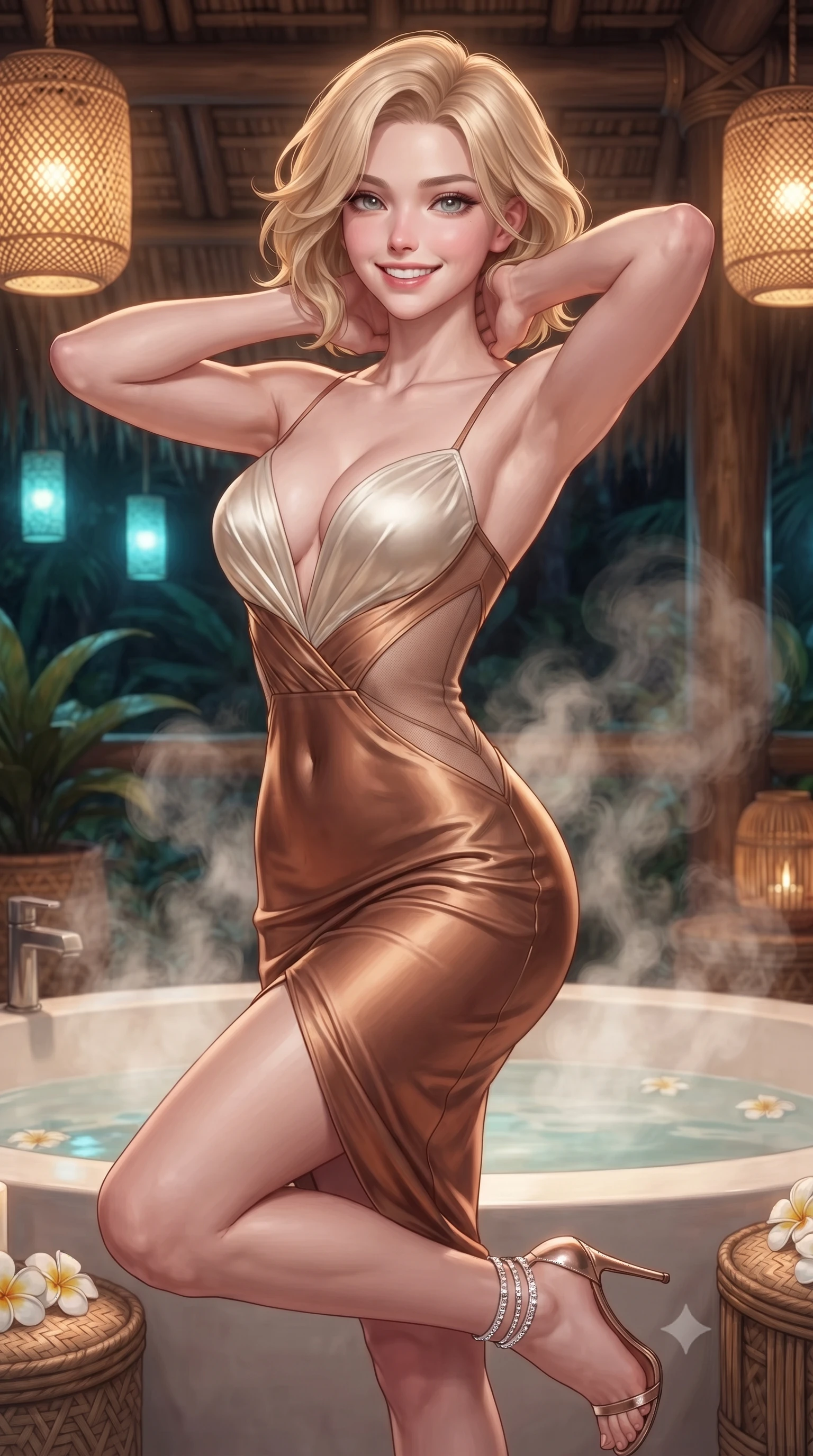 score_9, masterpiece, best quality, ultra-detailed, high-budget anime keyframe, editorial fashion photography, tasteful artistic composition, Caucasian woman. close-up cowboy shot from the waist and thighs up, the character dominates the composition, filling the frame with her large presence. resting both hands lightly behind her neck with elbows raised, arching her spine to highlight her narrow waist, flat midriff, and breathtaking collarbones while twisting her slender torso in an alluring S-curve beside the fragrant frangipani flower bath, aromatic steam wrapping around her narrow waist and hips. The surrounding environment is rendered in vivid detail and crisp panoramic clarity: detailed garment lines, wet cling or bodycon fit, and artisanal island craft in high resolution. She has an exceptionally elegant, slender, and willowy female figure with an ultra-slim waist, flat toned midriff, narrow ribcage, and sculpted feminine hips creating an alluring, slim hourglass silhouette without bulk. sharp v-shaped jawline, high-bridge nose, intricate jewel-like sparkling eyes with depth, thick eyelashes, glossy parted lips with a natural peach sheen, bright cheerful beaming smile with an enchanting and coquettish sensual glint, exuding both youthful cute charm and seductive allure, flawlessly proportioned anatomical accuracy, strict slender model proportions, natural body alignment, perfectly sculpted long slender limbs, ultra-slim waistline, clean dynamic posture without body distortion. wearing an alluring plunging sweetheart bustier dress with sheer mesh side-waist cutouts contouring her ribs in antique bronze copper and dewy ivory silk, made of fluid liquid jersey with seamless sculpting hold and smooth contours, complemented by strappy stiletto sandals with crystal ankle wraps accentuating her slender calves, the liquid-tight tailored fabric clinging flawlessly to her narrow waist and rounded feminine hips, emphasizing every millimeter of her sculpted slim hourglass curves without any bulky heaviness. bathed in the warm 2500K glow of woven bamboo lantern fixtures combined with clear cyan water uplights. ultra-reflective glossy finish, specular highlights, rich textural contrasts, high-contrast stereoscopic depth, volumetric dynamic lighting, 2k, ultra detail, master piece, 9:16 ratio