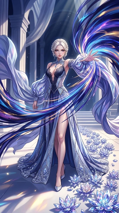 score_9, masterpiece, best quality, ultra-detailed, Set A: High-budget Anime Keyframe, Caucasian (human ears) woman. Low angle cowboy shot filling the entire 9:16 frame with her statuesque presence. Theme: Abstract Cosmic. unleashing a massive energy