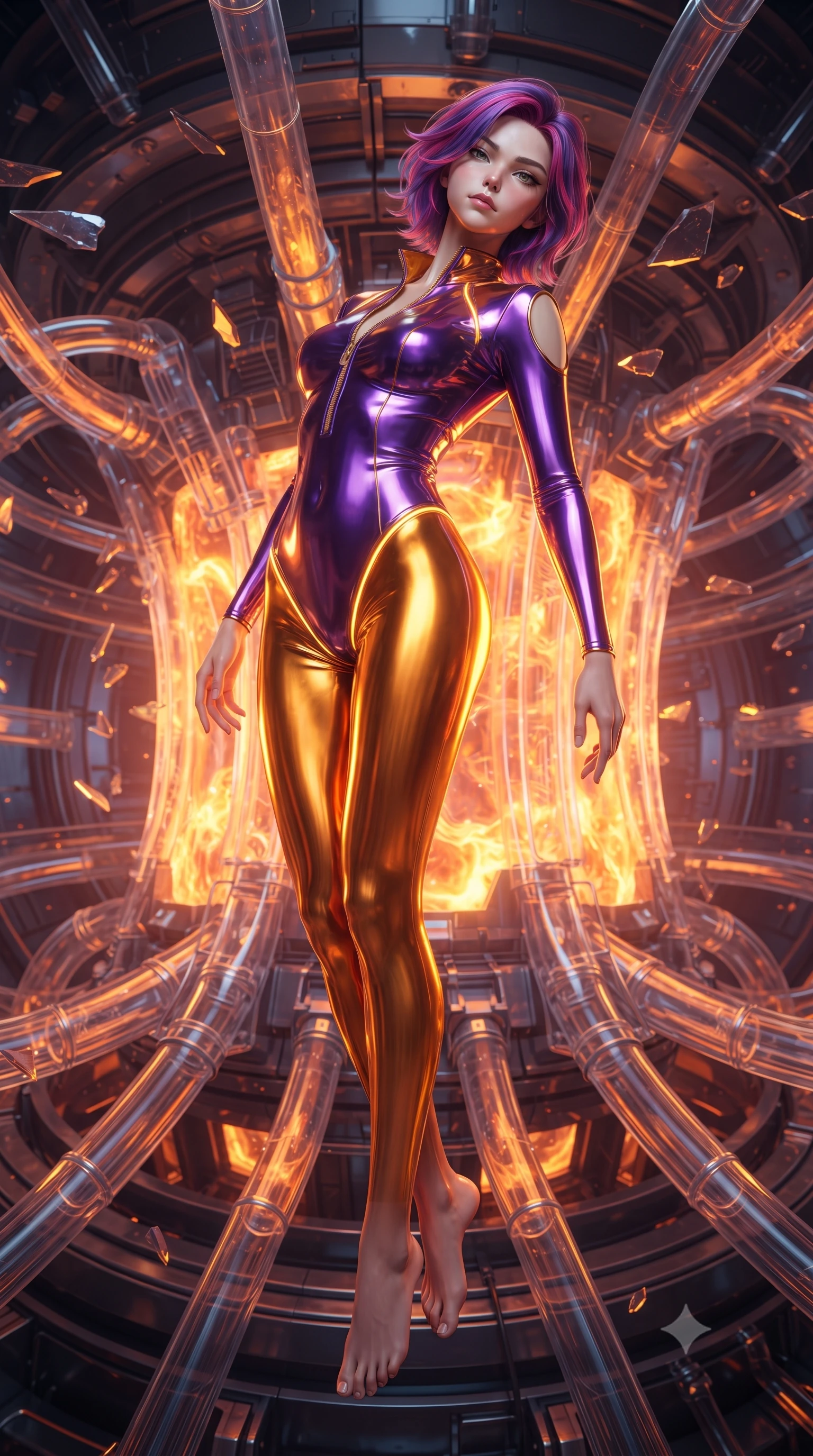 score_9, masterpiece, best quality, ultra-detailed, high-budget anime keyframe, editorial fashion photography, tasteful artistic composition, Caucasian woman. low angle full-body shot from head to toe showing her feet, filling the entire 9:16 vertical frame with her statuesque presence, stretching her vertical silhouette. arching her back in a fluid zero-gravity turn with sovereign grace, her long slender legs and sculpted torso creating a sweeping line while floating weightlessly near a colossal fusion reactor core with molten energy pulsing through transparent conduits. The surrounding environment is rendered in vivid detail and crisp panoramic clarity. crisp magnetic field rings, floating alloy shard edges, and detailed reactor conduits in deep focus. She has an absolutely perfect, statuesque 8.5-heads proportion, an exceptionally tall and slender model-like female figure with impossibly long slender legs and an ultra-slim waist. sharp v-shaped jawline, high-bridge nose, intricate jewel-like eyes with depth, thick eyelashes, glossy lips with a natural sheen, flawlessly proportioned anatomical accuracy, natural body alignment, perfectly sculpted elegant limbs, clean dynamic posture without body distortion. wearing a form-fitting top made of molten liquid-mercury fabric that clings to her curves, with strategic tear-drop shoulder cutouts and a dangerously unzipped front collar in lustrous molten gold and pure deep violet, made of liquid metal jersey that clings flawlessly to every contour of her build, accented with glowing fiber-optic seams tracing her collarbones and hip curves, the form-contouring second-skin material highlighting her ultra-slim waist and long lines. bathed in blazing golden-orange plasma radiance and sharp electric rim lighting. ultra-reflective glossy finish, specular highlights, metallic sheen, high-contrast stereoscopic depth, volumetric dynamic lighting, 2k, ultra detail, master piece, 9:16 ratio