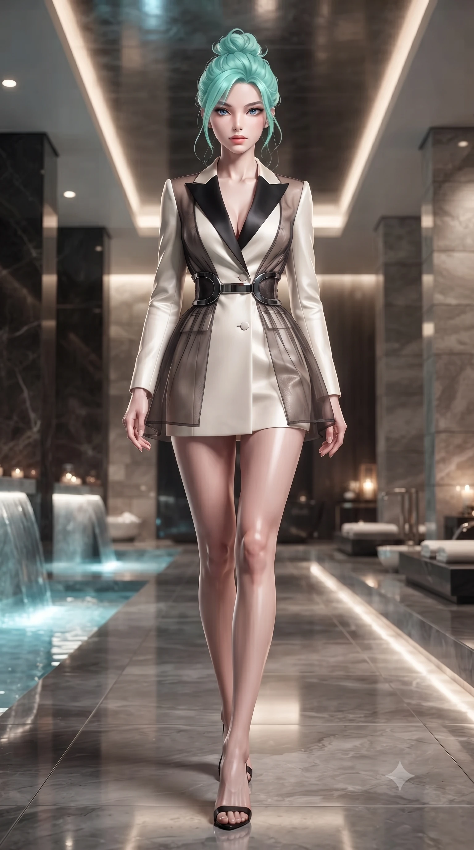 score_9, masterpiece, best quality, ultra-detailed, high-budget anime keyframe, editorial fashion photography, tasteful artistic composition, Japanese woman. low angle full-body shot from head to toe showing her feet, filling the entire 9:16 vertical frame with her statuesque presence, stretching her vertical silhouette. navigating the private sanctuary with an effortless, graceful stride, looking directly into the camera with direct, composed magnetic charisma, ultra-luxurious spa aesthetic with high-fashion editorial execution. She has an absolutely perfect, statuesque 8.5-heads proportion, an exceptionally tall and slender model-like female figure with impossibly long slender legs and an ultra-slim waist. sharp v-shaped jawline, high-bridge nose, intricate jewel-like eyes with depth, thick eyelashes, glossy lips with a natural sheen. wearing tailored ivory tux dress with satin lapels and fitted waist in pitch-black onyx, made of sheer dark organza overlay, accented with sculpted obsidian chrome rings at the waist, sculpting her athletic slender build with refined precision. surrounded by a glowing luxury spa aura with sharp specular glints. ultra-reflective glossy finish, specular highlights, metallic sheen, high-contrast stereoscopic depth, volumetric dynamic lighting, 2k, ultra detail, master piece, 9:16 ratio