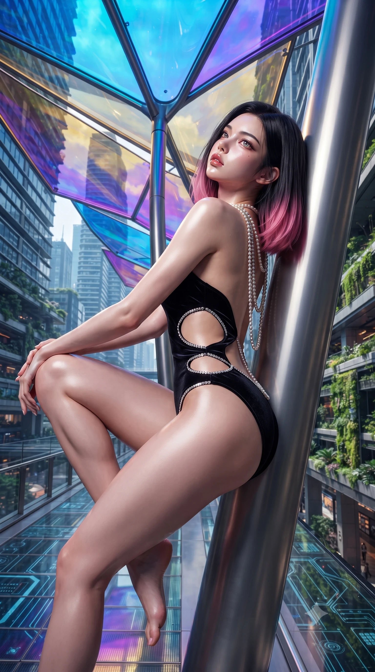 score_9, masterpiece, best quality, ultra-detailed, high-budget anime keyframe, editorial fashion photography, tasteful artistic composition, Korean woman. low angle full-body shot from head to toe showing her feet, filling the entire 9:16 vertical frame with her statuesque presence, stretching her vertical silhouette. reclining on her side in an elegant Cleopatra pose with one knee drawn up, the dramatic contour of her rounded hips and long slender legs commanding the 9:16 vertical frame while reclining against the smooth titanium skyway pylon, head tilted back in awe as color-shifting LED canopies cast vivid hues over her silhouette. The surrounding environment is rendered in vivid detail and crisp panoramic clarity. detailed high-tech fabric sheen, LED circuit lines, and distant skyscraper window grids in high resolution. She has an exceptionally tall and slender model-like 8.5-heads proportion, an ultra-slim waist, a flat toned midriff, narrow delicate ribcage, and beautifully sculpted feminine hips creating a graceful, slim hourglass silhouette without any bulky heaviness, with impossibly long slender legs. sharp v-shaped jawline, high-bridge nose, intricate jewel-like eyes with depth, thick eyelashes, glossy parted lips with a natural sheen, intensely captivating and seductive bedroom-eyes expression, flawlessly proportioned anatomical accuracy, strict slender model proportions, natural body alignment, perfectly sculpted long slender limbs, ultra-slim waistline, clean dynamic posture without body distortion. wearing a botanical cutout monokini with organic leaf-curve side openings and high-cut hip bands in pitch-black velvet with diamond crystal trim, tailored from liquid silk jersey adhering flawlessly to her slender build, accented with a multi-strand pearl back necklace cascading down her bare spine to her hips, the form-contouring material adhering flawlessly to her sculpted flat midriff and slender torso, emphasizing her long leg lines and perfectly proportioned willowy build. surrounded by a visionary, electrifying, and breathlessly magnificent eco-metropolis queen aura. ultra-reflective glossy finish, specular highlights, rich textural contrasts, high-contrast stereoscopic depth, volumetric dynamic lighting, 2k, ultra detail, master piece, 9:16 ratio