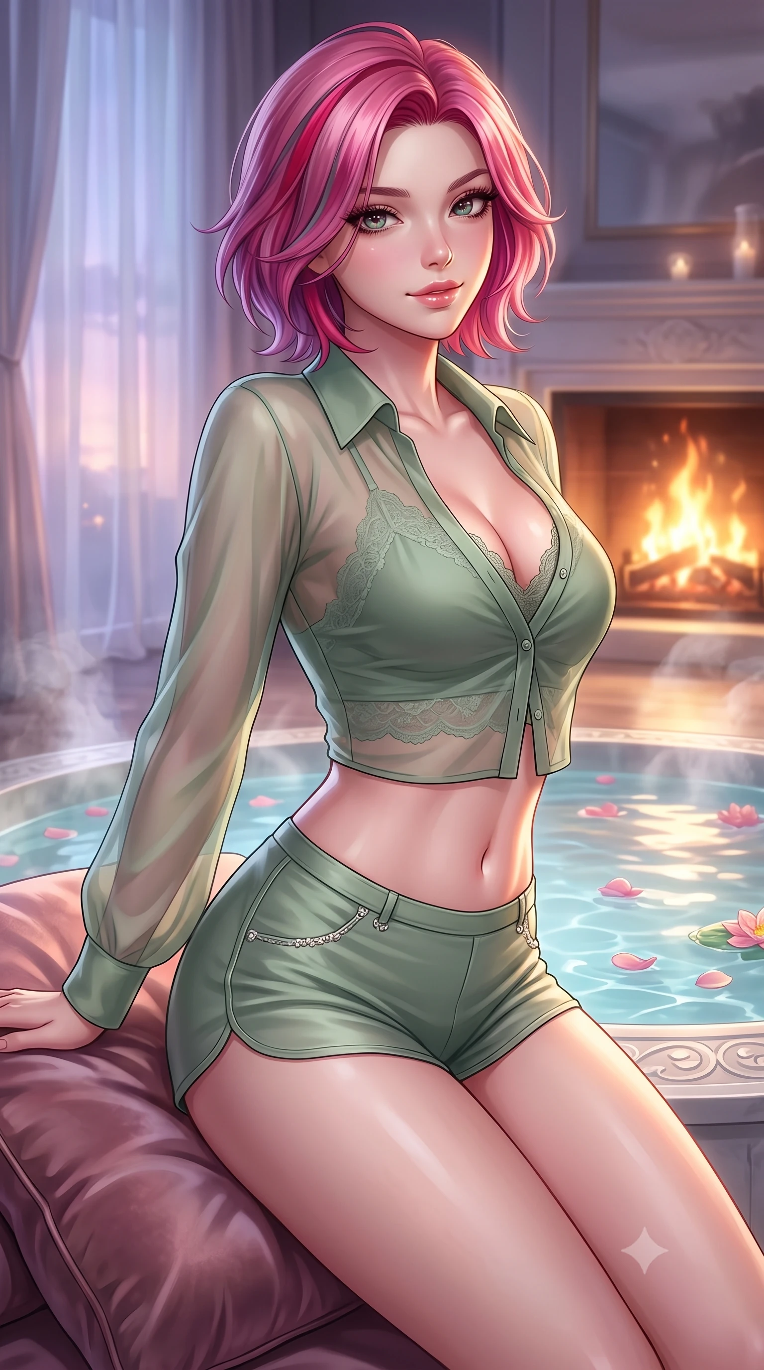 score_9, masterpiece, best quality, ultra-detailed, high-budget anime keyframe, editorial fashion photography, tasteful artistic composition, Caucasian woman. close-up cowboy shot from the waist and thighs up, the character dominates the composition, filling the frame with her large presence, background elements kept in soft focus. arching her back slightly while resting her elbow on a plush cushion, flashing a soft, sensual half-smile set against a soft-focus background of inside an exclusive fireplace lounge with rising mineral steam and floating flower petals on the clear water surface. She has an exceptionally elegant, slender, and willowy female figure with an ultra-slim waist, a gracefully sculpted slender torso, and a refined silhouette. sharp v-shaped jawline, high-bridge nose, intricate jewel-like eyes with depth, thick eyelashes, glossy lips with a natural sheen. wearing body-hugging sage green semi-opaque chiffon sheer organza button-up shirt worn over a lace-accented crop top and high-cut mini shorts accented with delicate silver hardware. softened by diffused twilight glow filtering through sheer chiffon window curtains. highly saturated vibrant anime colors, detailed shading with soft gradients, rich glossy textures, high-contrast stereoscopic depth, volumetric dynamic lighting, master piece, 9:16 ratio
