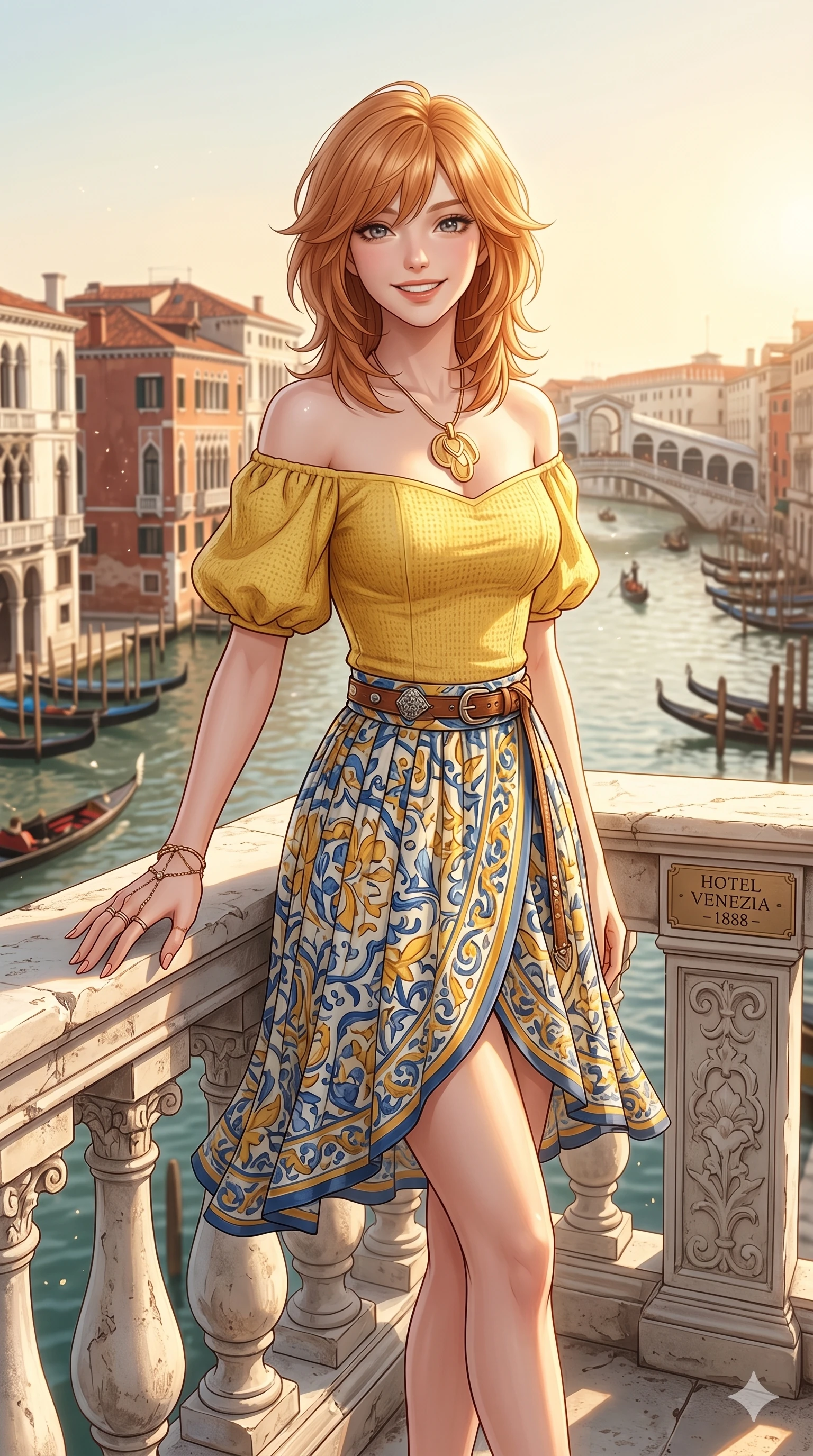 score_9, masterpiece, best quality, ultra-detailed, high-budget anime keyframe, editorial fashion photography, tasteful artistic composition, Korean woman. cowboy shot from the thighs up, character and outfit filling the frame for maximum editorial presence. smiling happily, one hand resting on the ornate stone railing standing on a balcony of a classic hotel in Venice overlooking the canals. She has an absolutely perfect 8-heads proportion, an exceptionally tall and slender female figure with impossibly long slender legs and an ultra-slim waist. V-shaped jawline, high-bridge nose, intricate jewel-like eyes with depth, thick eyelashes, glossy lips with a natural sheen. wearing a yellow off-shoulder top showing her elegant clavicle lines, and a wrap skirt. drenched in bright afternoon sunshine casting warm rays over the Venice canals. 2k, ultra detail, master piece, 9:16 ratio
