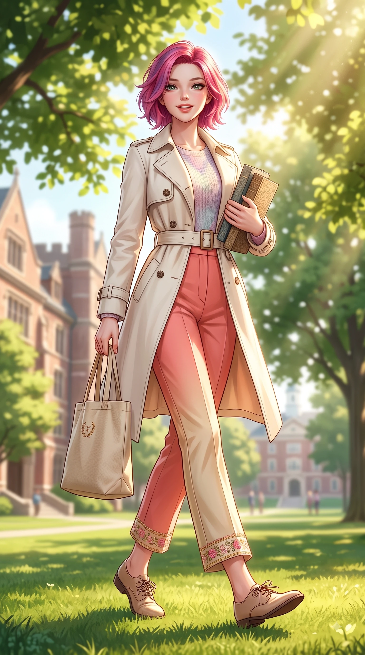 score_9, masterpiece, best quality, ultra-detailed, high-budget anime keyframe, editorial fashion photography, tasteful artistic composition, Caucasian woman. low angle full-body shot from head to toe showing her feet, filling the entire 9:16 vertical frame with her statuesque presence, stretching her vertical silhouette. stepping forward gracefully in mid-motion with a delighted cute expression, displaying her statuesque model proportions while walking happily across a sunlit university campus lawn carrying a canvas tote bag and books. The composition keeps background elements in soft focus with dreamy bokeh. lush green quad lawns and historical college buildings blurred in dreamy shallow focus. She has an absolutely perfect, statuesque 8.5-heads proportion, an exceptionally tall and slender model-like female figure with impossibly long slender legs and an ultra-slim waist. sharp v-shaped jawline, high-bridge nose, intricate jewel-like eyes with depth, thick eyelashes, glossy lips with a natural sheen, flawlessly proportioned anatomical accuracy, natural body alignment, perfectly sculpted elegant limbs, clean dynamic posture without body distortion. wearing a stylish pale ivory trench coat over a pastel knit top and high-waist tailored slacks in warm coral pink and champagne ivory, tailored from crisp cotton poplin, complemented by delicate embroidered floral trim along the hem, the chic real-way fashion cut emphasizing her effortless charm. bathed in brilliant sunny morning light filtering through tree canopies. highly saturated vibrant anime colors, detailed shading with soft gradients, rich glossy textures, high-contrast stereoscopic depth, volumetric dynamic lighting, master piece, 9:16 ratio