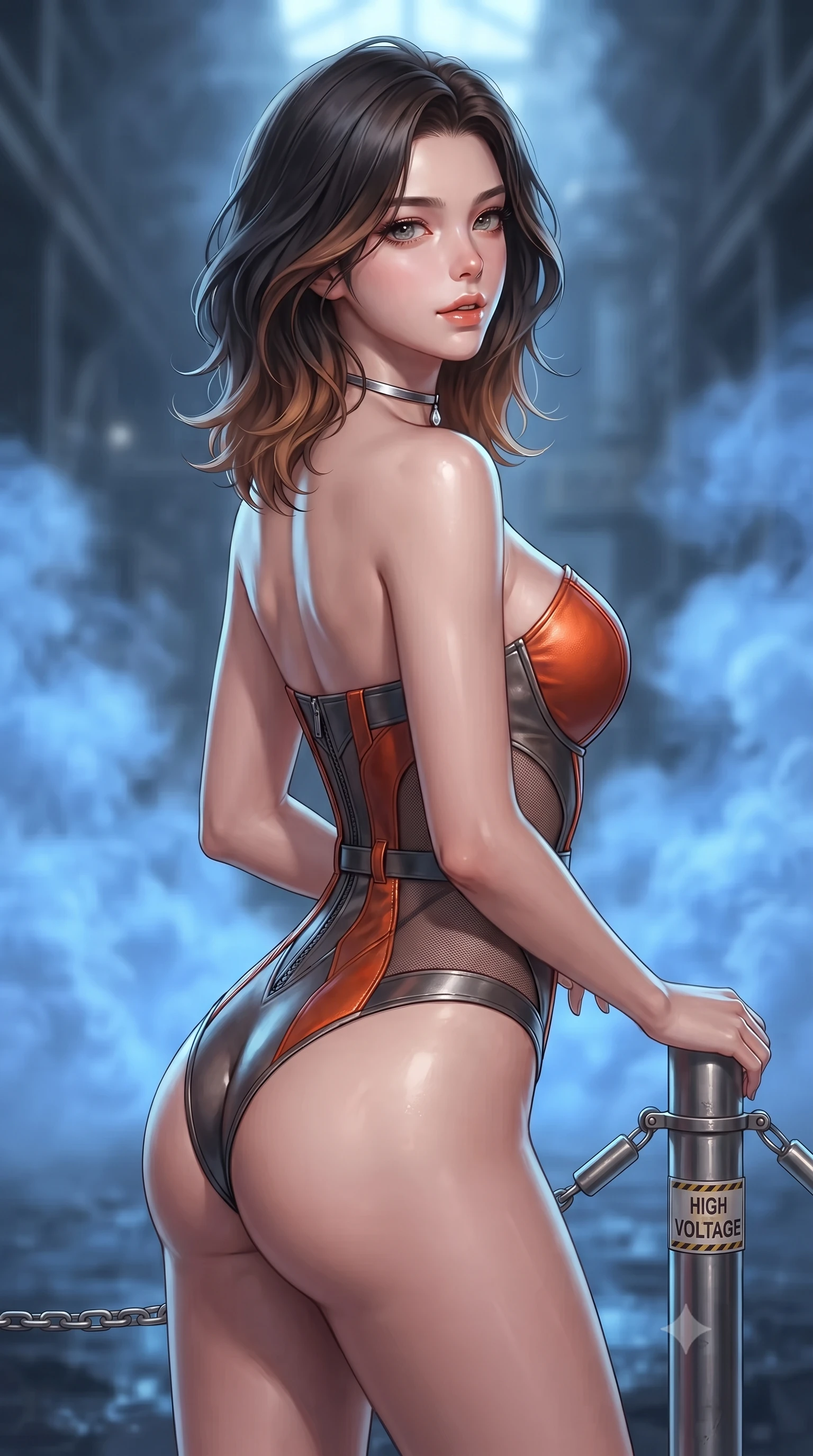 score_9, masterpiece, best quality, ultra-detailed, high-budget anime keyframe, editorial fashion photography, tasteful artistic composition, Korean woman. close-up cowboy shot from the waist and thighs up, the character dominates the composition, filling the frame with her large presence. posing in an alluring rear three-quarter angle, looking over a bare shoulder with parted glossy lips, her hips cocked back to highlight her slim hourglass curve while leaning against the high-voltage warning stanchion with hips cocked back, looking up through swirling cobalt-lit vapors at the 100-meter ceiling vent with smoldering bedroom-eyes. The background shows a soft-focus dense mineral thermal vapor softened in geothermal turbine cathedral shallow focus. She has an exceptionally elegant, slender, and willowy female figure with an ultra-slim waist, flat toned midriff, narrow ribcage, and sculpted feminine hips creating an alluring, slim hourglass silhouette without bulk. sharp v-shaped jawline, high-bridge nose, intricate jewel-like sparkling eyes with depth, thick eyelashes, glossy parted lips with a natural peach sheen, bright cheerful beaming smile with an enchanting and coquettish sensual glint, exuding both youthful cute charm and seductive allure, flawlessly proportioned anatomical accuracy, strict slender model proportions, natural body alignment, perfectly sculpted long slender limbs, ultra-slim waistline, clean dynamic posture without body distortion. wearing an alluring plunging sweetheart tactical bodice with sheer mesh side-waist cutouts contouring her ribs in volcanic ember orange and brushed gunmetal, woven from buttery-soft stretch lambskin leather adhering to her body like a second skin, finished with a minimalist chrome choker and a single teardrop diamond pendant, the bespoke structured tailoring following the natural line of her 8.5-heads silhouette with refined elegance. illuminated by wet basalt reflection bounce and sharp electric-cyan rim lights defining her dewy collarbones, ultra-slim waist, and curvy hips. ultra-reflective glossy finish, specular highlights, rich textural contrasts, high-contrast stereoscopic depth, volumetric dynamic lighting, 2k, ultra detail, master piece, 9:16 ratio