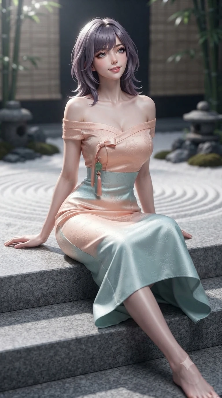 score_9, masterpiece, best quality, ultra-detailed, high-budget anime keyframe, editorial fashion photography, tasteful artistic composition, Japanese woman. low angle full-body shot from head to toe showing her feet, filling the entire 9:16 vertical frame with her statuesque presence, stretching her vertical silhouette. sitting poised on the stone steps with one knee bent, arching her spine with supermodel elegance as she glances upward through thick eyelashes while twisting her slender torso in an alluring contrapposto stance, cool full-moon beams tracing her flat midriff and curvy hips. The background shows a soft-focus concentric raked ripples in white granite sand, dark moss-rimmed scholar stone groupings, and bamboo screens blurred into silver, pearl, and charcoal bokeh. She has an absolutely perfect, statuesque 8.5-heads proportion, an exceptionally tall and slender model-like female figure with impossibly long slender legs, an ultra-slim waist, a flat toned midriff, narrow delicate ribcage, and beautifully sculpted feminine hips creating a graceful, slim hourglass silhouette without any bulky heaviness. sharp v-shaped jawline, high-bridge nose, sparkling eyes with hypnotic seductive depth, thick curled eyelashes, glossy parted lips with a natural dewy peach sheen, alluring bedroom-eyes with an enchanting coquettish smile, exuding magnetic siren charisma and sophisticated glamour, flawlessly proportioned anatomical accuracy, strict slender model proportions, natural body alignment, perfectly sculpted long slender limbs, ultra-slim waistline, clean dynamic posture without body distortion. wearing a form-contouring off-shoulder modern hanbok midi dress with traditional curved neckline and low-back scoop in pastel peach blossom and celadon porcelain blue, tailored from rich silk jacquard with subtle embossed lotus blossom patterns, finished with authentic carved jade pendants and traditional norigae knots, the form-contouring silhouette accentuating her sculpted flat midriff, narrow delicate ribcage, and gracefully curvy hips with intoxicating allure. illuminated by moonlit sand ripple bounce and sharp silver-topaz rim lights sculpting her razor-sharp jawline, narrow waist, and curvy hips. ultra-reflective glossy finish, specular highlights, rich textural contrasts, high-contrast stereoscopic depth, volumetric dynamic lighting, 2k, ultra detail, master piece, 9:16 ratio