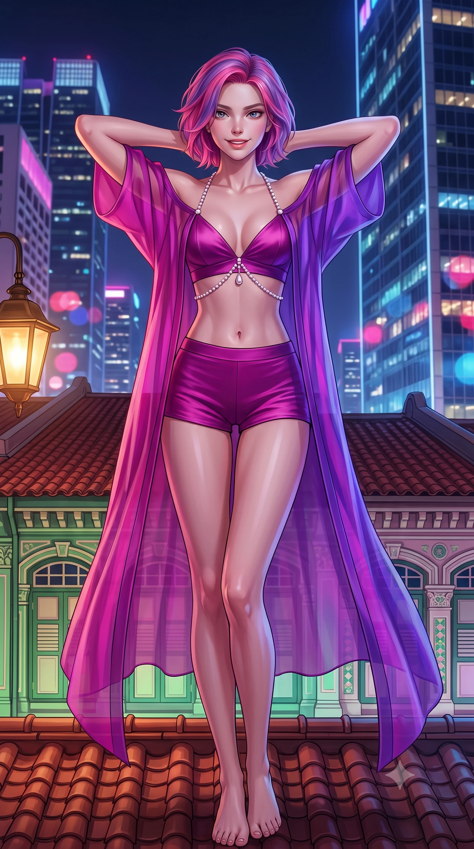 score_9, masterpiece, best quality, ultra-detailed, high-budget anime keyframe, semi-realistic 3D game render, editorial fashion photography, tasteful artistic composition, Caucasian woman. close-up cowboy shot from the waist and thighs up, the character dominates the composition, filling the frame with her large presence. resting both hands lightly behind her neck with elbows raised, arching her spine to highlight her narrow waist, flat midriff, and breathtaking collarbones while standing poised on the restored terracotta tile rooftop of the historic Peranakan shophouse, arching her spine with femme-fatale poise as ultra-modern glass skyscrapers tower all around. The background shows a soft-focus vivid green and pastel glazed Peranakan tiles, historic shophouse rooflines contrasted with soaring illuminated CBD skyscrapers, blurred into jade, ruby, and sapphire bokeh. She has an exceptionally elegant, slender, and willowy female figure with an ultra-slim waist, flat toned midriff, narrow ribcage, and sculpted feminine hips creating an alluring, slim hourglass silhouette without bulk. sharp v-shaped jawline, high-bridge nose, intricate jewel-like sparkling eyes with depth, thick eyelashes, glossy parted lips with a natural peach sheen, bright cheerful beaming smile with an enchanting and coquettish sensual glint, exuding both youthful cute charm and seductive allure, flawlessly proportioned anatomical accuracy, strict slender model proportions, natural body alignment, perfectly sculpted long slender limbs, ultra-slim waistline, clean dynamic posture without body distortion. wearing a sheer silk organza modern caftan robe worn loose and slipping off bare shoulders over a matching satin bralette and micro-shorts in Supertree bioluminescent magenta and electric violet, made of fluid liquid jersey with seamless sculpting hold and smooth contours, accented with a pearl-drop body harness subtly framing her dewy collarbones and spine, the second-skin tailored fabric adhering flawlessly to her sculpted flat midriff and slender torso, emphasizing her long leg lines and perfectly proportioned willowy build. bathed in the warm golden 2300K glow of vintage brass lamps mixed with electric magenta and sapphire city skyscraper reflections. highly saturated vibrant anime colors, detailed shading with soft gradients, rich glossy textures, high-contrast stereoscopic depth, volumetric dynamic lighting, master piece, 9:16 ratio