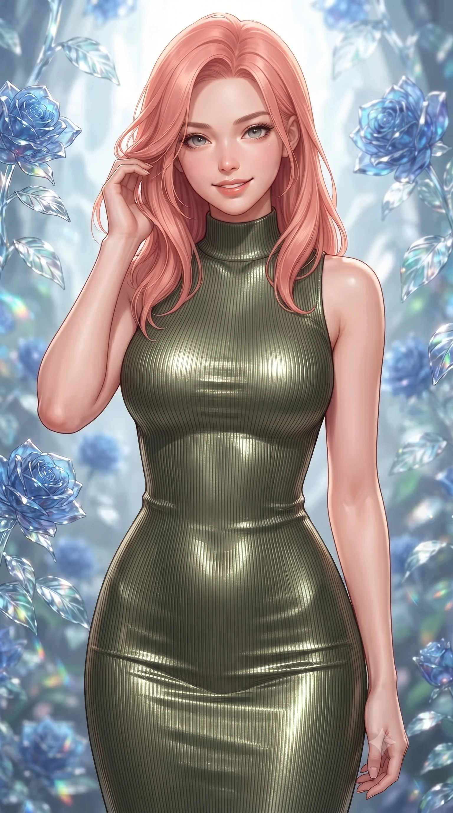 score_9, masterpiece, best quality, ultra-detailed, high-budget anime keyframe, editorial fashion photography, tasteful artistic composition, Japanese woman. close-up cowboy shot from the waist and thighs up, the character dominates the composition, filling the frame with her large presence, background elements kept in soft focus. slowly running a hand through her hair, smiling with quiet, magnetic self-assurance directly into the camera, the background shows a soft-focus a glass structure garden in a crystal cave, with blue roses and glass leaves. She has an exceptionally elegant, slender, and willowy female figure with an ultra-slim waist, a gracefully sculpted slender torso, and a refined silhouette. sharp v-shaped jawline, high-bridge nose, intricate jewel-like eyes with depth, thick eyelashes, glossy lips with a natural sheen. wearing a form-contouring body-hugging ribbed carbon-fiber knit bodycon midi dress in olive green, featuring a snug mock-neck. shimmering light refracting through the glass sculpture onto her collarbone. ultra-reflective glossy finish, specular highlights, metallic sheen, high-contrast stereoscopic depth, volumetric dynamic lighting, 2k, ultra detail, master piece, 9:16 ratio