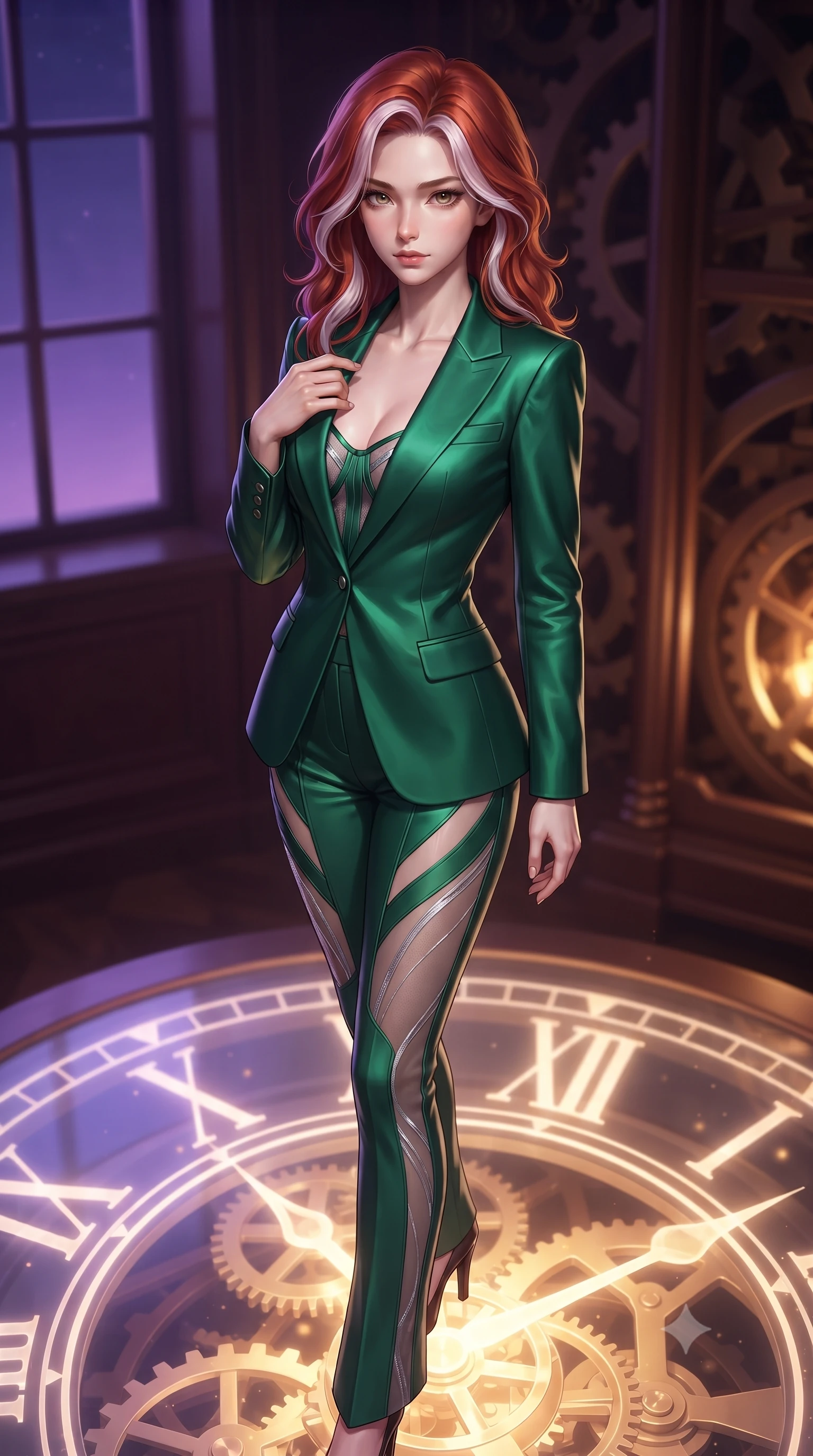 score_9, masterpiece, best quality, ultra-detailed, high-budget anime keyframe, editorial fashion photography, tasteful artistic composition, Caucasian woman. close-up cowboy shot from the waist and thighs up, the character dominates the composition, filling the frame with her large presence, background elements kept in soft focus. Gazing past the camera with an air of effortless elegance and mysterious confidence standing atop a giant translucent Roman numeral clock dial in a high tower, rich mahogany and polished bronze textures reflecting warm hearth light. She has an exceptionally elegant, slender, and willowy female figure with an ultra-slim waist, a gracefully sculpted slender torso, and a refined silhouette. sharp v-shaped jawline, high-bridge nose, intricate jewel-like eyes with depth, thick eyelashes, glossy lips with a natural sheen. wearing a tailored silk blazer over a form-contouring top and fitted slacks in deep emerald green and silver accent, woven from fine semi-opaque sheer organza, featuring clean architectural cutouts along her slender torso, the tailored fabric tightly following every curve of her athletic build. lit by a contrast of deep violet sky and radiant golden mechanical light. highly saturated vibrant anime colors, detailed shading with soft gradients, rich glossy textures, high-contrast stereoscopic depth, volumetric dynamic lighting, master piece, 9:16 ratio