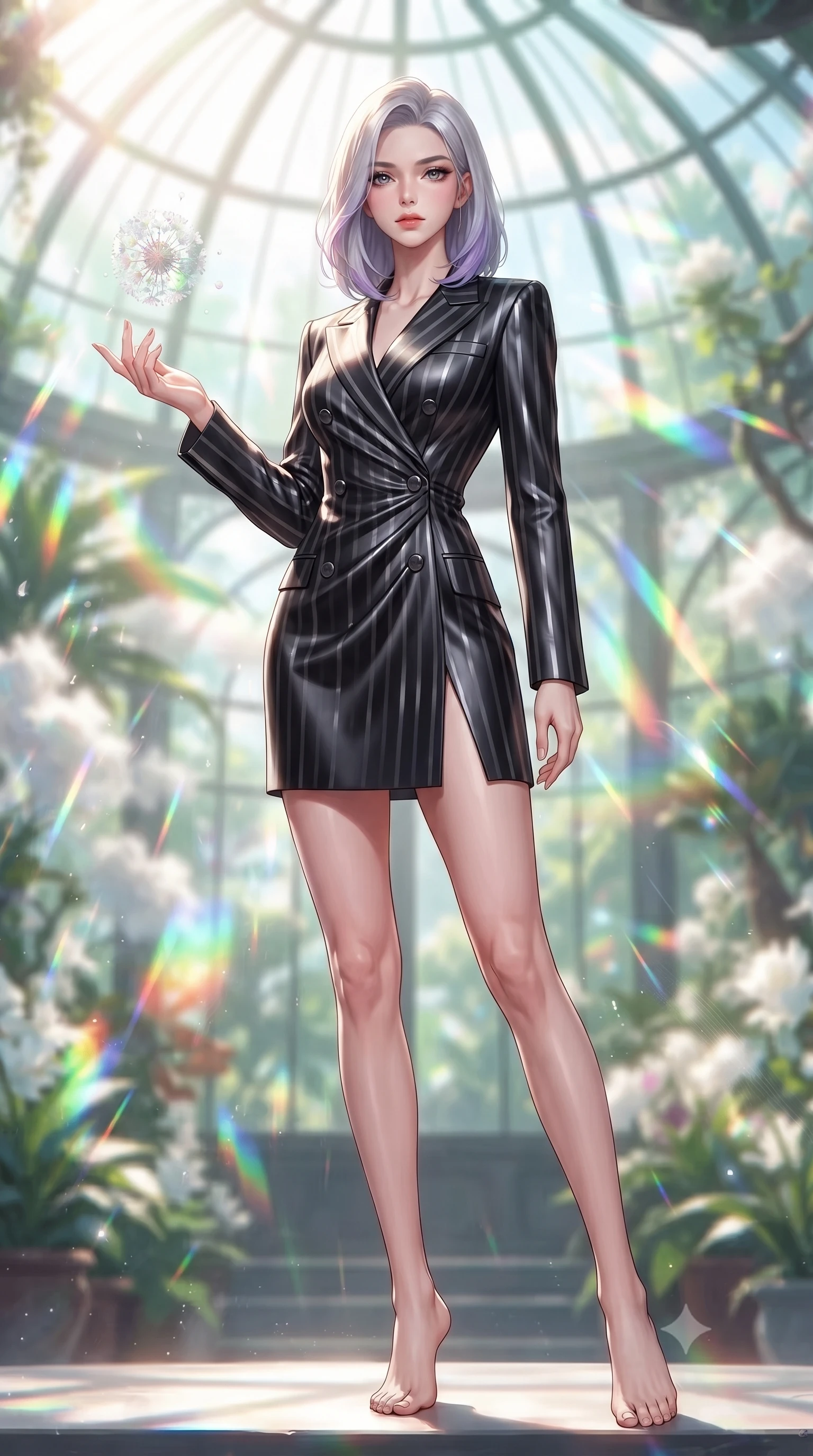 score_9, masterpiece, best quality, ultra-detailed, high-budget anime keyframe, editorial fashion photography, tasteful artistic composition, Caucasian woman. low angle full-body shot from head to toe showing her feet, filling the entire 9:16 vertical frame with her statuesque presence, stretching her vertical silhouette. navigating the luminous space with effortless poise, displaying her perfect model proportions interacting with a floating biomorphic pollen orb in a sunlit sanctuary, steam clouds refracting sunlight into brilliant rainbow prisms. She has an absolutely perfect, statuesque 8.5-heads proportion, an exceptionally tall and slender model-like female figure with impossibly long slender legs and an ultra-slim waist. sharp v-shaped jawline, high-bridge nose, intricate jewel-like eyes with depth, thick eyelashes, glossy lips with a natural sheen. wearing a double-breasted blazer dress with metallic pin-stripes in matte black and polished silver, crafted from lustrous satin jersey with fluid draping, finished with a sleek side slit ascending to mid-thigh, the elegant draped fit framing her graceful clavicle and slender torso. surrounded by a bright, airy ambiance with radiant white and green highlights. highly saturated vibrant anime colors, detailed shading with soft gradients, rich glossy textures, high-contrast stereoscopic depth, volumetric dynamic lighting, master piece, 9:16 ratio