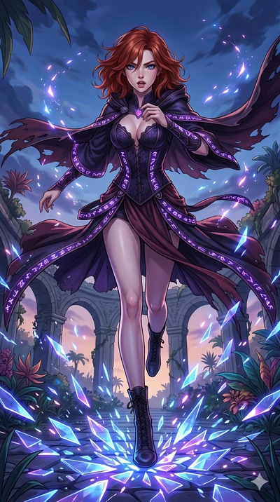 score_9, masterpiece, best quality, ultra-detailed, Set A: High-budget Anime Keyframe, Korean woman. Low angle cowboy shot filling the entire 9:16 frame with her statuesque presence. Sprinting through a floating botanical garden, as the ground beneat