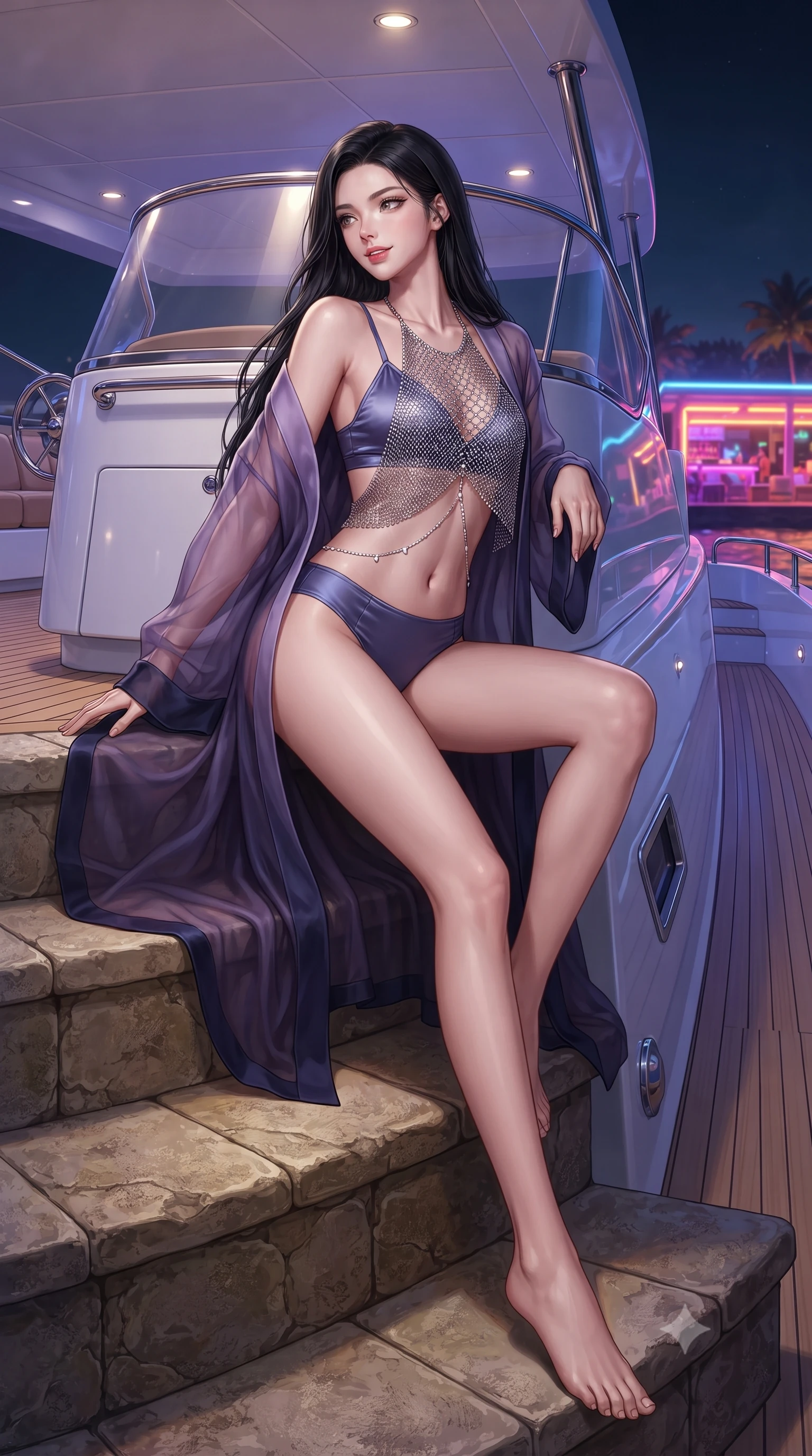 score_9, masterpiece, best quality, ultra-detailed, high-budget anime keyframe, editorial fashion photography, tasteful artistic composition, Korean woman. low angle full-body shot from head to toe showing her feet, filling the entire 9:16 vertical frame with her statuesque presence, stretching her vertical silhouette. sitting poised on the stone steps with one knee bent, arching her spine with supermodel elegance as she glances upward through thick eyelashes while leaning against the curved flybridge acrylic windscreen with hips cocked back, looking over a bare shoulder toward the neon-lit beach club. The surrounding environment is rendered in vivid detail and crisp panoramic clarity: detailed metallic chainmail halter top shine, diamond belly chain sparkle, and luxury yacht engineering in razor-sharp precision. She has an absolutely perfect, statuesque 8.5-heads proportion, an exceptionally tall and slender model-like female figure with impossibly long slender legs, an ultra-slim waist, a flat toned midriff, narrow delicate ribcage, and beautifully sculpted feminine hips creating a graceful, slim hourglass silhouette without any bulky heaviness. sharp v-shaped jawline, high-bridge nose, sparkling eyes with hypnotic seductive depth, thick curled eyelashes, glossy parted lips with a natural dewy peach sheen, alluring bedroom-eyes with an enchanting coquettish smile, exuding magnetic siren charisma and sophisticated glamour, flawlessly proportioned anatomical accuracy, strict slender model proportions, natural body alignment, perfectly sculpted long slender limbs, ultra-slim waistline, clean dynamic posture without body distortion. wearing a sheer organza kimono robe worn loose and slipping off bare shoulders over a matching satin bralette and high-waisted briefs in twilight lavender and midnight indigo, made of sheer gossamer chiffon that drapes softly against skin with airy translucence, accented with a dainty gold belly chain resting across her flat midriff and curving hips, the glove-like clinging cut tightly following the natural contour of her hips and long slender legs with youthful 8.5-heads elegance. bathed in stylish ultraviolet and amber yacht deck mood lighting mixed with distant beach club neon fill. ultra-reflective glossy finish, specular highlights, rich textural contrasts, high-contrast stereoscopic depth, volumetric dynamic lighting, 2k, ultra detail, master piece, 9:16 ratio