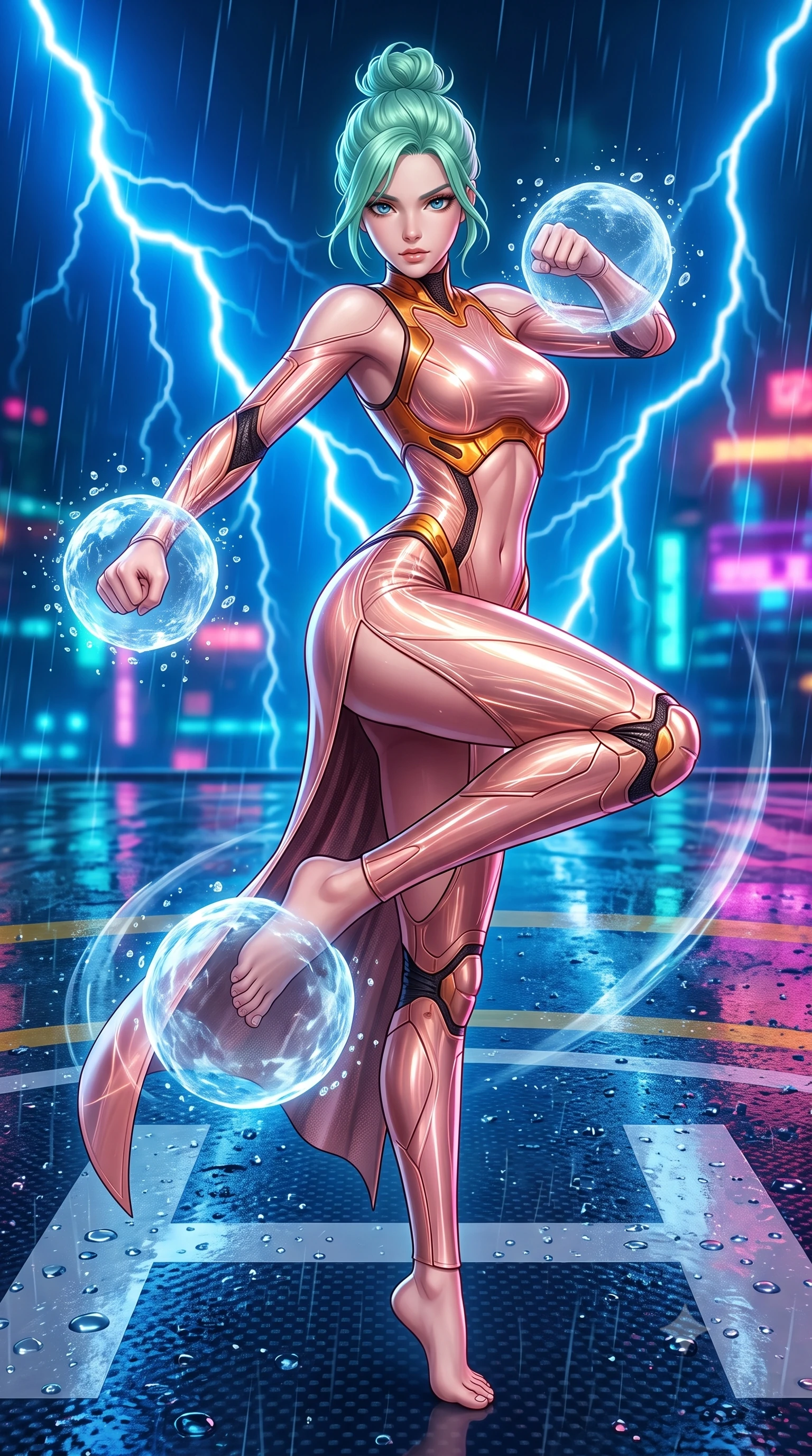 score_9, masterpiece, best quality, ultra-detailed, high-budget anime keyframe, semi-realistic 3D game render, editorial fashion photography, tasteful artistic composition, Japanese woman. low angle full-body shot from head to toe showing her feet, filling the entire 9:16 vertical frame with her statuesque presence, stretching her vertical silhouette. pivoting dynamically in a high-speed low sweep kick along the reflective floor, her athletic torso and ultra-slim waist twisting in a fluid arc of power while pivoting dynamically in mid-motion on the wet helipad as displaced rain droplets form a frozen sphere around her fist. The surrounding environment is rendered in vivid detail and crisp panoramic clarity. sharp raindrop beads on polished carbon plates, razor-sharp air-distortion wave edges, and wet helipad in deep focus. She has an absolutely perfect, statuesque 8.5-heads proportion, an exceptionally tall and slender model-like female figure with impossibly long slender legs, a toned flat midriff, and an ultra-slim waist. sharp v-shaped jawline, high-bridge nose, intricate jewel-like eyes with depth, thick eyelashes, glossy lips with a natural sheen, flawlessly proportioned anatomical accuracy, strict slender model proportions, natural body alignment, perfectly sculpted long slender limbs, ultra-slim waistline, clean dynamic posture without body distortion. wearing a form-fitting luminous rose-gold carbon combat gown with tactical high leg slits and flexible kinetic knee articulation in molten amber-gold carbon cuirass with dark titanium weave, crafted from semi-translucent cybernetic carbon-vinyl interwoven with glowing micro-filaments, finished with high-mobility flexible limb seams and miniature magnetic armor locks, the form-contouring material adhering flawlessly to her sculpted flat midriff and slender torso, emphasizing her long leg lines and perfectly proportioned willowy build. bathed in dramatic blue lightning flashes and vibrant neon city ambient reflections. rich saturated anime colors with glowing neon highlights, detailed shading with soft gradients, rich glossy textures, high-contrast stereoscopic depth, volumetric dynamic lighting, master piece, 9:16 ratio