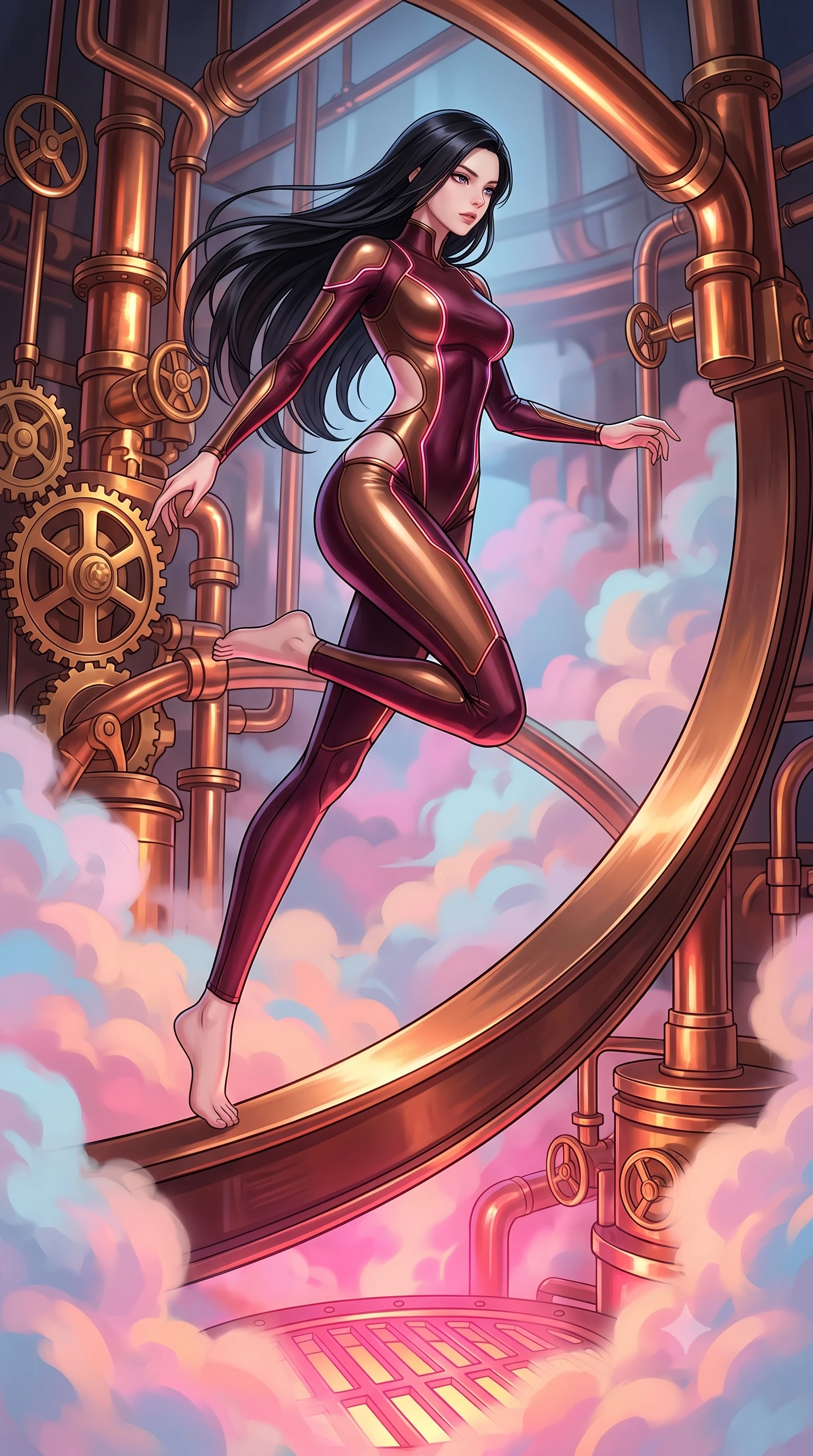score_9, masterpiece, best quality, ultra-detailed, high-budget anime keyframe, editorial fashion photography, tasteful artistic composition, Korean woman. low angle full-body shot from head to toe showing her feet, filling the entire 9:16 vertical frame with her statuesque presence, stretching her vertical silhouette. leaping gracefully through mid-air with statuesque elegance, her impossibly long slender legs stretched in perfect balance while stepping along a curved bronze beam while pastel steam clouds swirl around her, intricate copper pipes and brass gears gleam with furnace heat reflections. She has an absolutely perfect, statuesque 8.5-heads proportion, an exceptionally tall and slender model-like female figure with impossibly long slender legs and an ultra-slim waist. sharp v-shaped jawline, high-bridge nose, intricate jewel-like eyes with depth, thick eyelashes, glossy lips with a natural sheen, flawlessly proportioned anatomical accuracy, natural body alignment, perfectly sculpted elegant limbs, clean dynamic posture without body distortion. wearing a skin-tight cybernetic bodysuit with glowing neon seams and side cutouts in deep burgundy and bronze, formed from sleek second-skin neoprene, accented with delicate chrome ring hardware framing her waist, the glove-like fit emphasizing her statuesque silhouette during motion. bathed in hot pink and orange furnace underlighting with sharp bronze speculars. highly saturated vibrant anime colors, detailed shading with soft gradients, rich glossy textures, high-contrast stereoscopic depth, volumetric dynamic lighting, master piece, 9:16 ratio