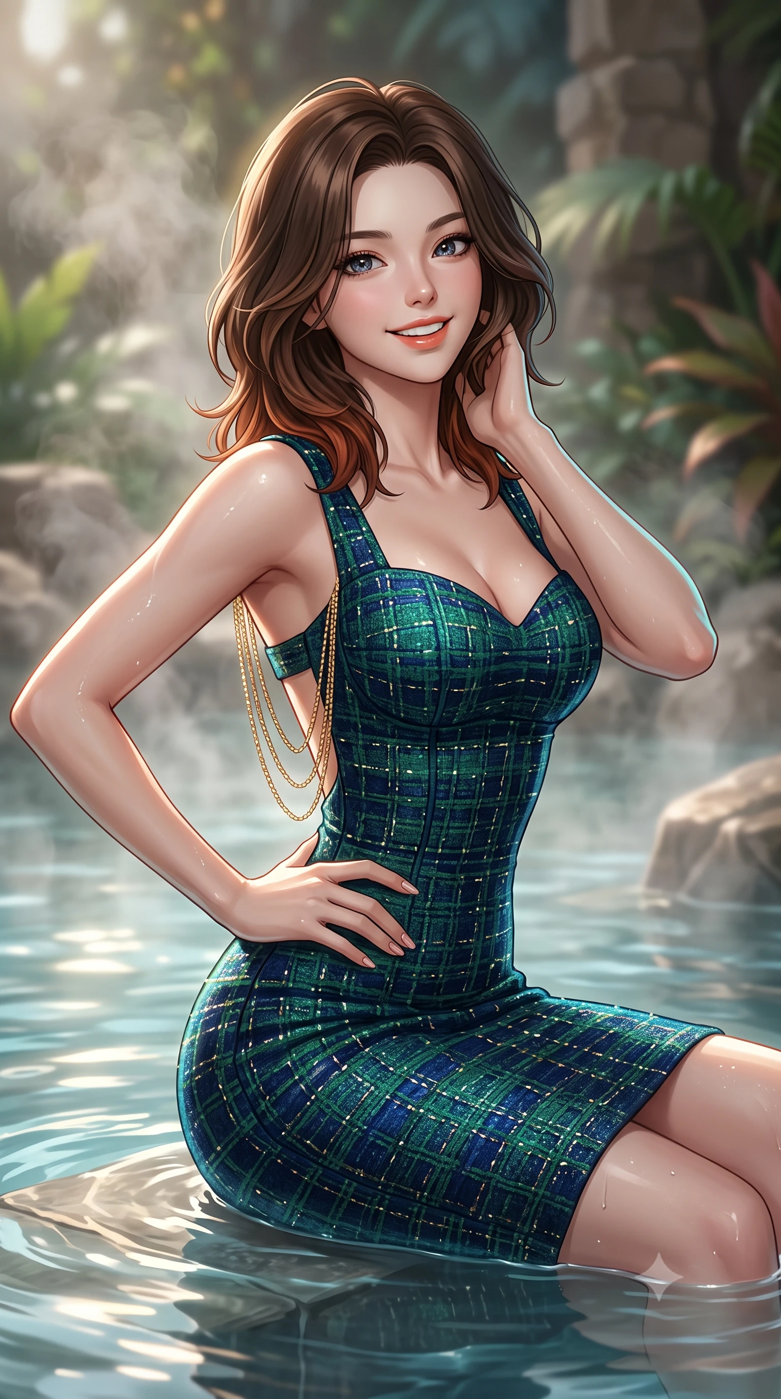 score_9, masterpiece, best quality, ultra-detailed, high-budget anime keyframe, editorial fashion photography, tasteful artistic composition, Korean woman. close-up cowboy shot from the waist and thighs up, the character dominates the composition, filling the frame with her large presence. twisting her slender torso in an alluring contrapposto stance, one hand resting on her sculpted hip while her fingers toy with her hair with effortless poise while sitting gracefully on the submerged pool seat with water lapping at her waist, running one manicured hand slowly down her neck with magnetic poise. The background shows a soft-focus rising geothermal water vapor softened in exclusive botanical retreat shallow focus. She has an exceptionally elegant, slender, and willowy female figure with an ultra-slim waist, flat toned midriff, narrow ribcage, and sculpted feminine hips creating an alluring, slim hourglass silhouette without bulk. sharp v-shaped jawline, high-bridge nose, intricate jewel-like sparkling eyes with depth, thick eyelashes, glossy parted lips with a natural peach sheen, bright cheerful beaming smile with an enchanting and coquettish sensual glint, exuding both youthful cute charm and seductive allure, flawlessly proportioned anatomical accuracy, strict slender model proportions, natural body alignment, perfectly sculpted long slender limbs, ultra-slim waistline, clean dynamic posture without body distortion. wearing a body-contouring dense bandage knit pencil dress with sweetheart neckline in Lake Tegernsee emerald glass and royal Bavarian navy, woven from structured British tweed with subtle metallic flecks, accented with an open-back drape framed by falling strands of delicate gold chains, the glove-like clinging cut tightly following the natural contour of her hips and long slender legs with youthful 8.5-heads elegance. illuminated by mineral pool specular bounce and sharp gold-cyan dual rim lights sculpting her jawline, narrow waist, and curvy hips. ultra-reflective glossy finish, specular highlights, rich textural contrasts, high-contrast stereoscopic depth, volumetric dynamic lighting, 2k, ultra detail, master piece, 9:16 ratio