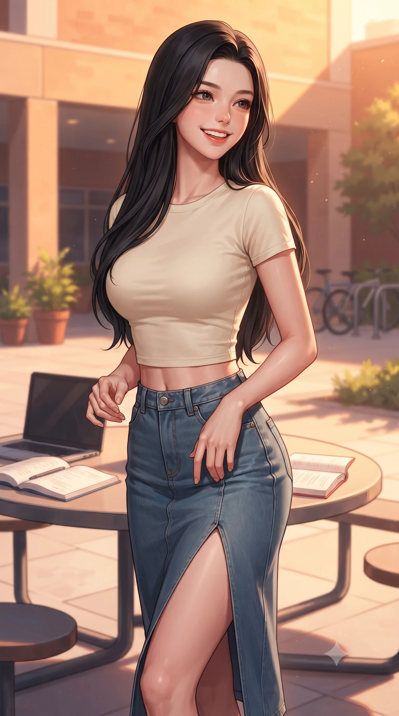 score_9, masterpiece, best quality, ultra-detailed, high-budget anime keyframe, editorial fashion photography, tasteful artistic composition, Korean woman. close-up cowboy shot from the waist and thighs up, the character dominates the composition, filling the frame with her large presence, background elements kept in soft focus. gazing past the camera with a happy, bright expression and a warm smile set against a soft-focus background of in a sunlit campus courtyard filled with student tables, potted plants, and bicycle racks with a laptop and open notebooks arranged on a wooden table. She has an exceptionally elegant, slender, and willowy female figure with an ultra-slim waist, a gracefully sculpted slender torso, and a refined silhouette. sharp v-shaped jawline, high-bridge nose, intricate jewel-like eyes with depth, thick eyelashes, glossy lips with a natural sheen. wearing slim-fit modern crop top tee in cream, paired with a high-slit denim midi skirt. golden hour sunset light casting a peaceful, cozy orange wash across the lawns. highly saturated vibrant anime colors, detailed shading with soft gradients, rich glossy textures, high-contrast stereoscopic depth, volumetric dynamic lighting, master piece, 9:16 ratio
