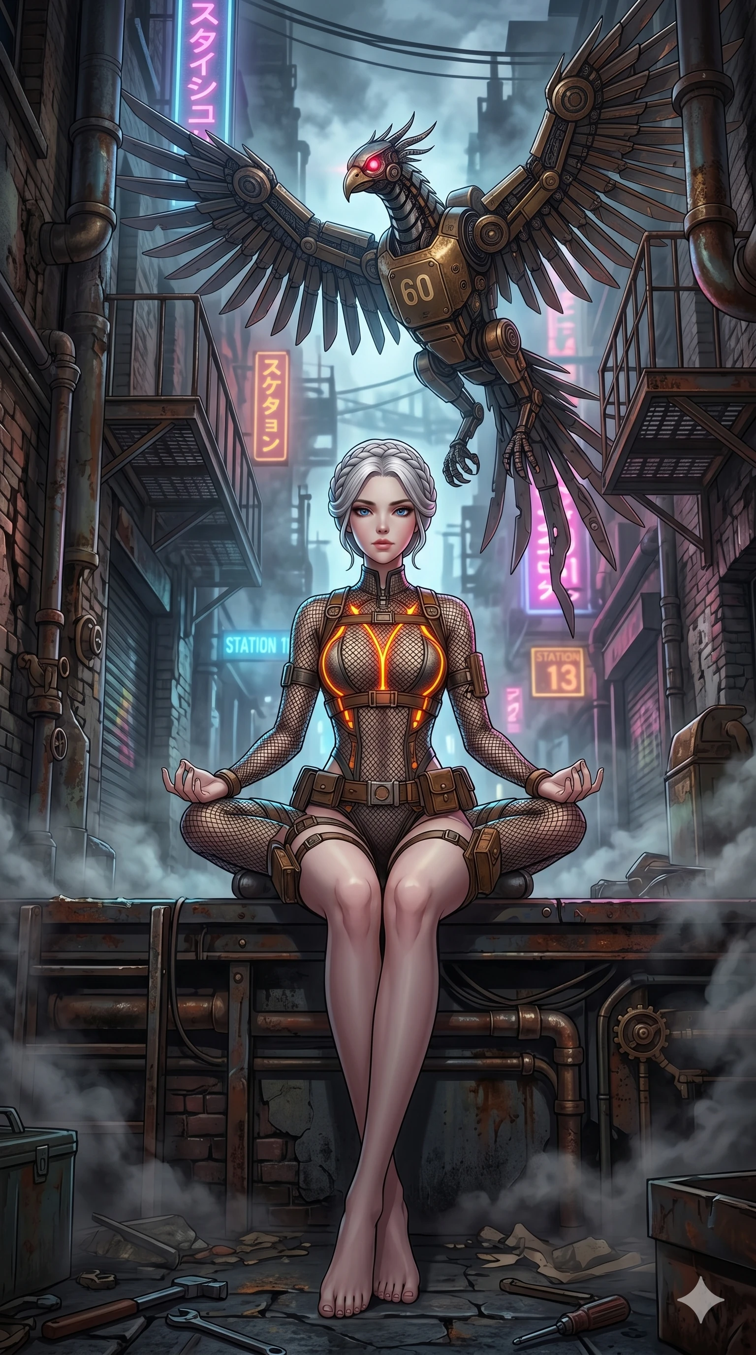 score_9, masterpiece, best quality, ultra-detailed, Set A: High-budget Anime Keyframe, Caucasian (human ears) woman. Low angle cowboy shot filling the entire 9:16 frame with her statuesque presence. Theme: Urban Decay. meditating in a steampunk London alleyway, while a mechanical phoenix rises in the background marked 60. The atmosphere is filled with heavy smog with neon flares. She has an absolutely perfect 8-heads proportion, an exceptionally tall and slender female figure with impossibly long slender legs and an ultra-slim waist. Sharp v-shaped jawline, high-bridge nose, intricate jewel-like eyes with depth, glossy lips. Wearing Industrial worker-chic with a glowing orange harness over a mesh bodysuit. Cinematic lighting, vivid colors, dramatic shadows, 2k, ultra detail, master piece, 9:16 ratio