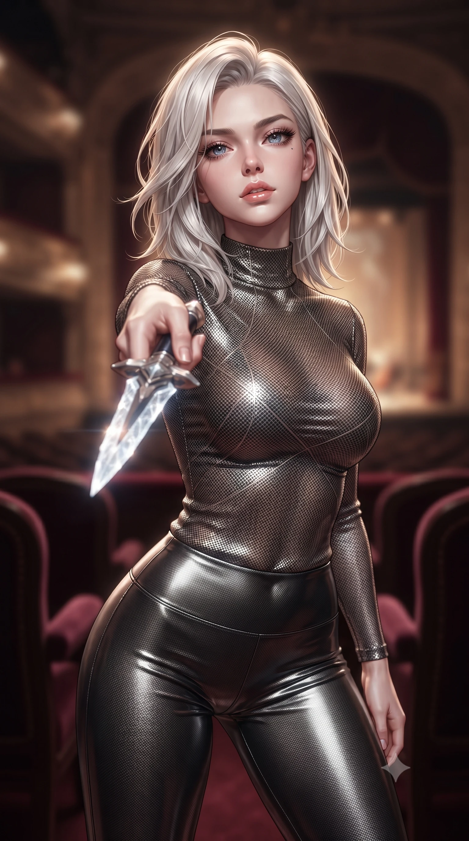 score_9, masterpiece, best quality, ultra-detailed, high-budget anime keyframe, editorial fashion photography, tasteful artistic composition, Caucasian woman. close-up cowboy shot from the waist and thighs up, the character dominates the composition, filling the frame with her large presence, background elements kept in soft focus. pointing a crystal-edged laser dagger forward in a defensive stance, tilting her chin up slightly with lips parted in a composed pose, the background shows a soft-focus an intimate opera box seating with plush velvet chairs facing a glowing stage. She has an exceptionally elegant, slender, and willowy female figure with an ultra-slim waist, a gracefully sculpted slender torso, and a refined silhouette. sharp v-shaped jawline, high-bridge nose, intricate jewel-like eyes with depth, thick eyelashes, glossy lips with a natural sheen. wearing a slim-fit body-hugging carbon-mesh mock-neck top paired with tight-fitting carbon-fiber leggings. dramatic theater stage lights casting a bright key light and deep shadows on her. ultra-reflective glossy finish, specular highlights, metallic sheen, high-contrast stereoscopic depth, volumetric dynamic lighting, 2k, ultra detail, master piece, 9:16 ratio