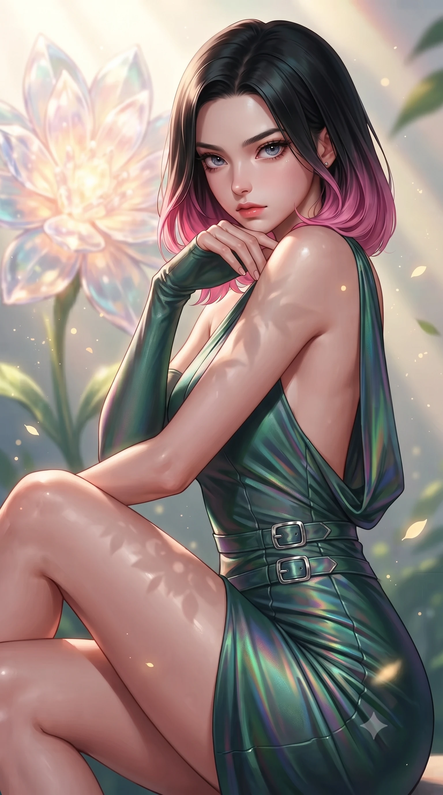 score_9, masterpiece, best quality, ultra-detailed, high-budget anime keyframe, editorial fashion photography, tasteful artistic composition, Korean woman. close-up cowboy shot from the waist and thighs up, the character dominates the composition, filling the frame with her large presence, background elements kept in soft focus. Resting her chin on the backs of her fingers, casting a sharp, mysterious gaze resting near a giant solar-powered crystal flower emitting soft warm light, glowing pollen particles drifting gracefully around her form. She has an exceptionally elegant, slender, and willowy female figure with an ultra-slim waist, a gracefully sculpted slender torso, and a refined silhouette. sharp v-shaped jawline, high-bridge nose, intricate jewel-like eyes with depth, thick eyelashes, glossy lips with a natural sheen. wearing a precision-fitted liquid jersey bodycon dress with a draped back in deep emerald green and silver accent, crafted from iridescent chiffon that shifts colors in the light, detailed with polished silver buckles along the waistline, the glove-like fit emphasizing her statuesque silhouette. illuminated by brilliant sunbeams casting organic leaf stencil shadows. highly saturated vibrant anime colors, detailed shading with soft gradients, rich glossy textures, high-contrast stereoscopic depth, volumetric dynamic lighting, master piece, 9:16 ratio