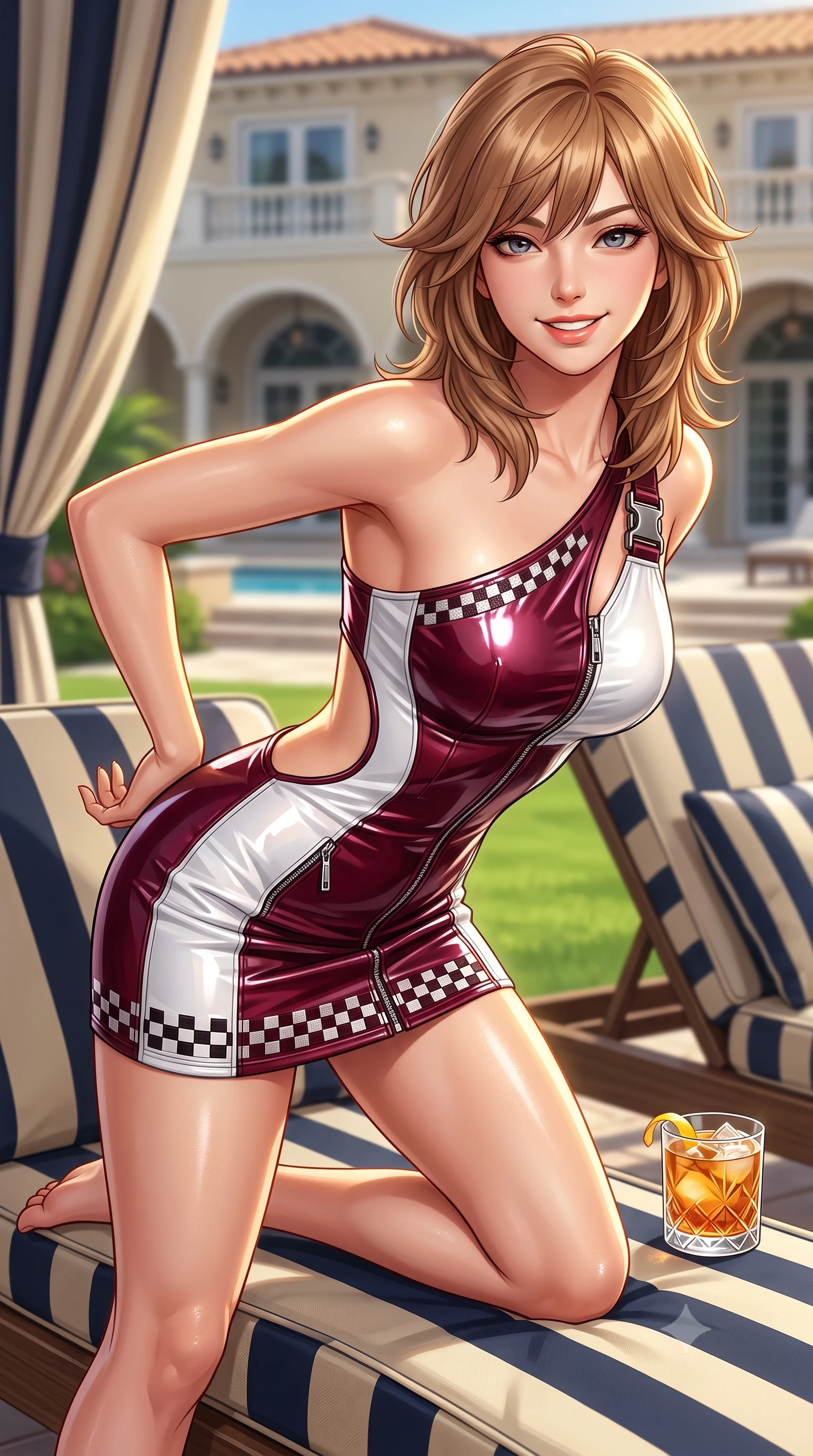 score_9, masterpiece, best quality, ultra-detailed, high-budget anime keyframe, semi-realistic 3D game render, editorial fashion photography, tasteful artistic composition, Korean woman. close-up cowboy shot from the waist and thighs up, the character dominates the composition, filling the frame with her large presence. resting both hands lightly behind her back while leaning toward the lens with a cheerful, teasing grin, her form-fitting athletic suit hugging her narrow waist and hip curve while lounging in a poolside striped cabana daybed with one knee bent, holding an iced cocktail with effortless Palm Beach old-money coolness. The surrounding environment is rendered in vivid detail and crisp panoramic clarity: detailed resort polo knit texture, glowing sun-tanned skin highlights, and Palm Beach estate architecture in high resolution. She has an exceptionally elegant, slender, and willowy female figure with an ultra-slim waist, flat toned midriff, narrow ribcage, and sculpted feminine hips creating an alluring, slim hourglass silhouette without bulk. sharp v-shaped jawline, high-bridge nose, sparkling eyes with athletic focus and depth, thick curled eyelashes, glossy parted lips with a natural coral-peach sheen, bright confident and coquettish smile with alluring bedroom-eyes, exuding both youthful sporty vigor and sovereign high-society glamour, flawlessly proportioned anatomical accuracy, strict slender model proportions, natural body alignment, perfectly sculpted long slender limbs, ultra-slim waistline, clean dynamic posture without body distortion. wearing an asymmetric one-shoulder metallic racing mini dress with checkered flag embroidery hugging her narrow waist and hips in rich burgundy wine and crisp court white, made of high-gloss reflective patent leather with mirror-like specular highlights, finished with polished chrome zipper pulls and racing harness buckle hardware, the precision-cut side openings and low-back scoop framing her graceful spine and the sensual sweep of her slim, athletic hips. illuminated by green lawn bounce fill and sharp warm-gold rim lights defining her sculpted collarbones, ultra-slim waist, and curvy hips. highly saturated vibrant anime colors, detailed shading with soft gradients, rich glossy textures, high-contrast stereoscopic depth, volumetric dynamic lighting, master piece, 9:16 ratio