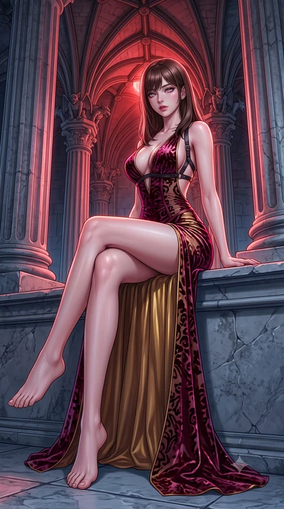 score_9, masterpiece, best quality, ultra-detailed, high-budget anime keyframe, semi-realistic 3D game render, editorial fashion photography, tasteful artistic composition, Korean woman. low angle full-body shot from head to toe showing her feet, fil