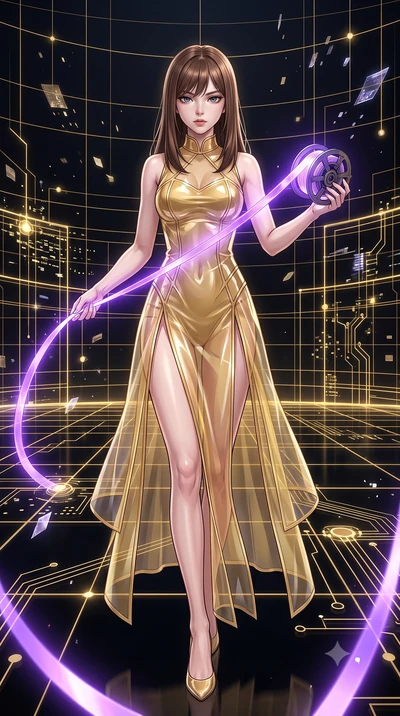 score_9, masterpiece, best quality, ultra-detailed, High-budget Anime Keyframe, East Asian woman. Low angle cowboy shot filling the entire 9:16 frame with her statuesque presence. Scenario 386: unravelling a spool of glowing violet ribbon in a digita