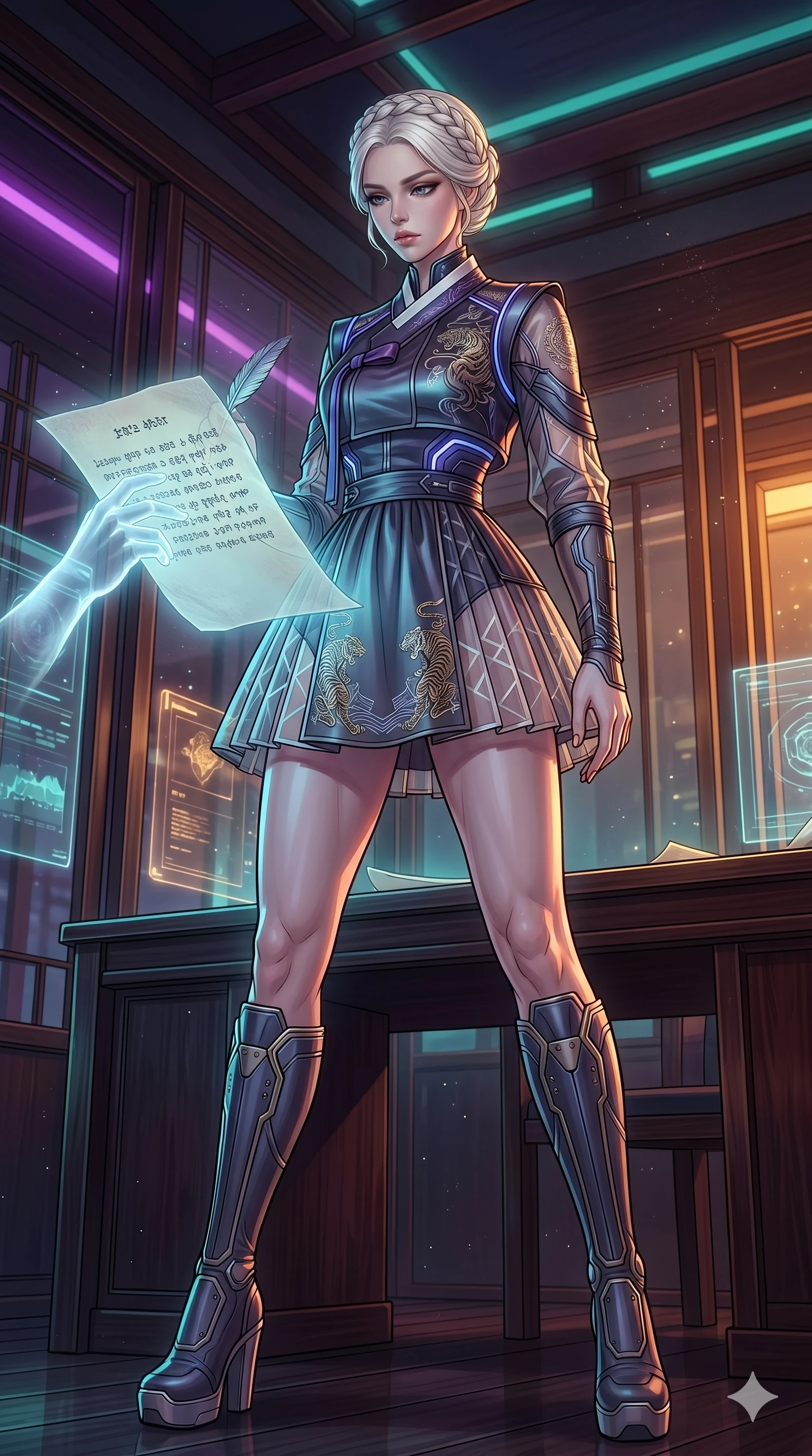 score_9, masterpiece, best quality, ultra-detailed, high-budget anime movie keyframe, cinematic anime lighting, intricate line art, Caucasian (strictly human ears) woman. Low angle cowboy shot capturing a powerful motion and statuesque presence. staring at a letter that is being written by a ghostly hand. She has an absolutely perfect 8-heads proportion, an exceptionally tall and slender female figure with an ultra-slim waist and impossibly long slender legs. strictly human anatomy, two legs only, no extra limbs, clearly defined legs and arms, perfect anatomy, perfect hands and fingers. sharp v-shaped jawline, high-bridge nose, intricate jewel-like eyes, thick eyelashes, glossy lips. Wearing Modern Traditional: Shortened cyber-hanbok with fusion silk robes and transparent panels. The scene is illuminated by dramatic atmospheric lighting and vibrant color palettes. , 2k, ultra detail, master piece, 9:16 ratio