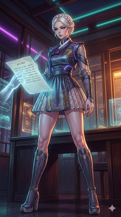 score_9, masterpiece, best quality, ultra-detailed, high-budget anime movie keyframe, cinematic anime lighting, intricate line art, Caucasian (strictly human ears) woman. Low angle cowboy shot capturing a powerful motion and statuesque presence. star