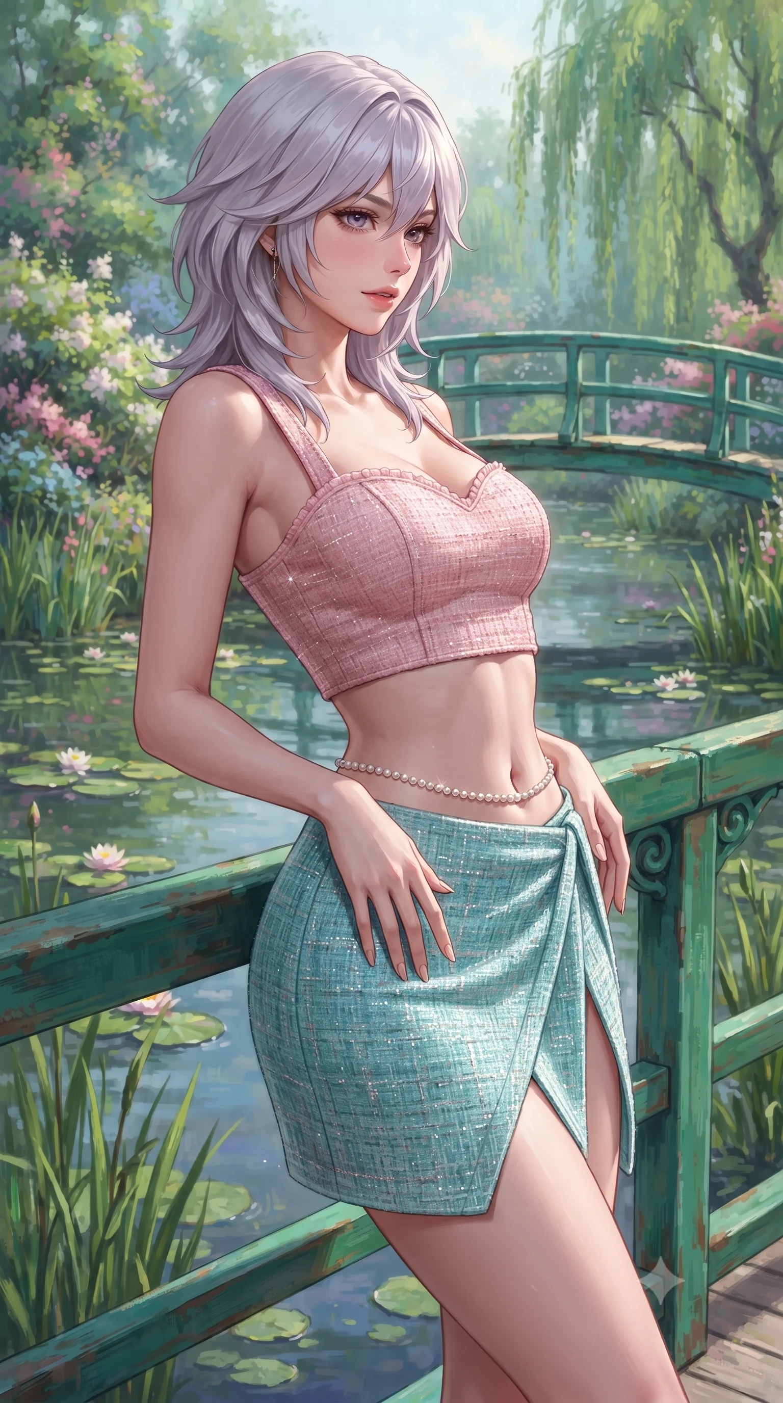 score_9, masterpiece, best quality, ultra-detailed, high-budget anime keyframe, editorial fashion photography, tasteful artistic composition, Japanese woman. close-up cowboy shot from the waist and thighs up, the character dominates the composition, filling the frame with her large presence. tilting her head with a cute beaming smile while arching her spine with effortless dancer poise, one hand sliding along her hip line in a flirtatious S-curve while leaning against the emerald bridge railing with hips cocked back, looking over her shoulder with charming, seductive bedroom-eyes at the water lilies. The surrounding environment is rendered in vivid detail and crisp panoramic clarity. detailed pastel chiffon dress weave, soft sunlight specular sheen on skin, and Monet garden landscape clarity in high resolution. She has an exceptionally elegant, slender, and willowy female figure with an ultra-slim waist, flat toned midriff, narrow ribcage, and sculpted feminine hips creating an alluring, slim hourglass silhouette without bulk. sharp v-shaped jawline, high-bridge nose, intricate jewel-like sparkling eyes with depth, thick eyelashes, glossy parted lips with a natural peach sheen, bright cheerful beaming smile with an enchanting and coquettish sensual glint, exuding both youthful cute charm and seductive allure, flawlessly proportioned anatomical accuracy, strict slender model proportions, natural body alignment, perfectly sculpted long slender limbs, ultra-slim waistline, clean dynamic posture without body distortion. wearing a sweetheart-neckline baby-pink crop top with a high-slit wrap mini skirt accentuating her waist-to-hip curve in ocean turquoise and sea-salt white, tailored from soft pastel tweed with subtle metallic shimmer, accented with a dainty pearl waist chain catching the ambient sunlight, the high-waisted tailoring accentuating her ultra-slim waistline and the enchanting curve of her feminine hips with alluring charm. illuminated by calm pond surface specular reflections sharply defining her razor-sharp jawline, narrow waist, and curvy hips. ultra-reflective glossy finish, specular highlights, rich textural contrasts, high-contrast stereoscopic depth, volumetric dynamic lighting, 2k, ultra detail, master piece, 9:16 ratio